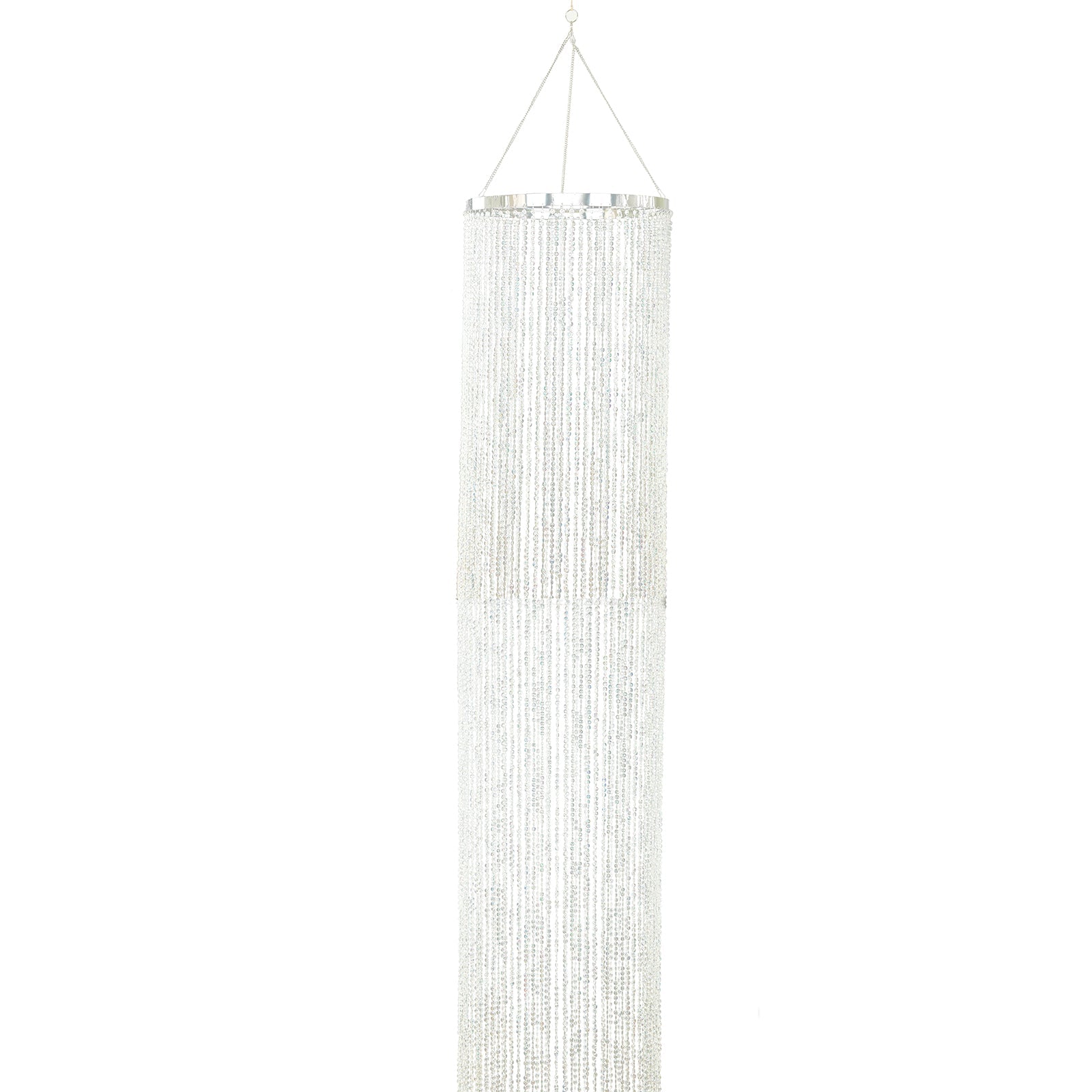 14ft Hanging Beaded Crystal Column Chandelier, Tall Beads Curtain Round with Silver Metal Hoop and Hanging Chain