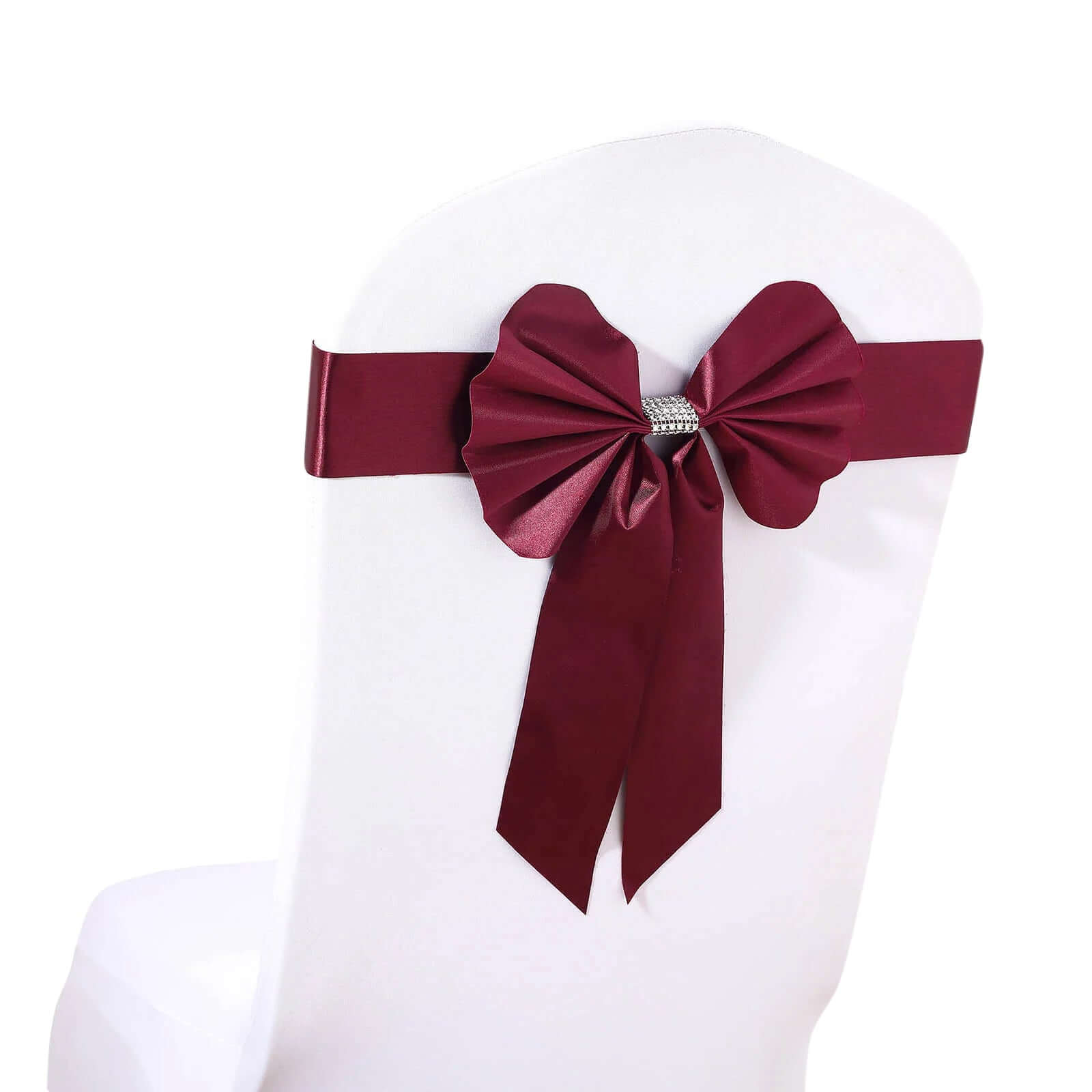 5 Pack Satin Faux Leather Chair Sashes Burgundy - Durable Double Sided Pre-tied Bow Tie Chair Bands with Diamond Rhinestone Buckles