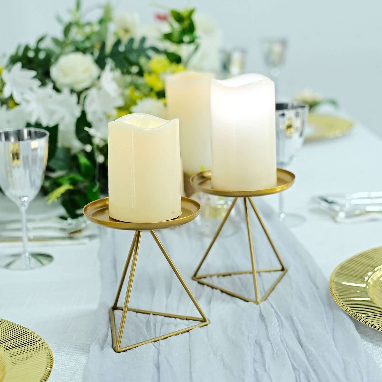 2-Pack Pillar Candle Holders Gold Metal Geometric Triangle Base Design - Decorative Centerpiece 5