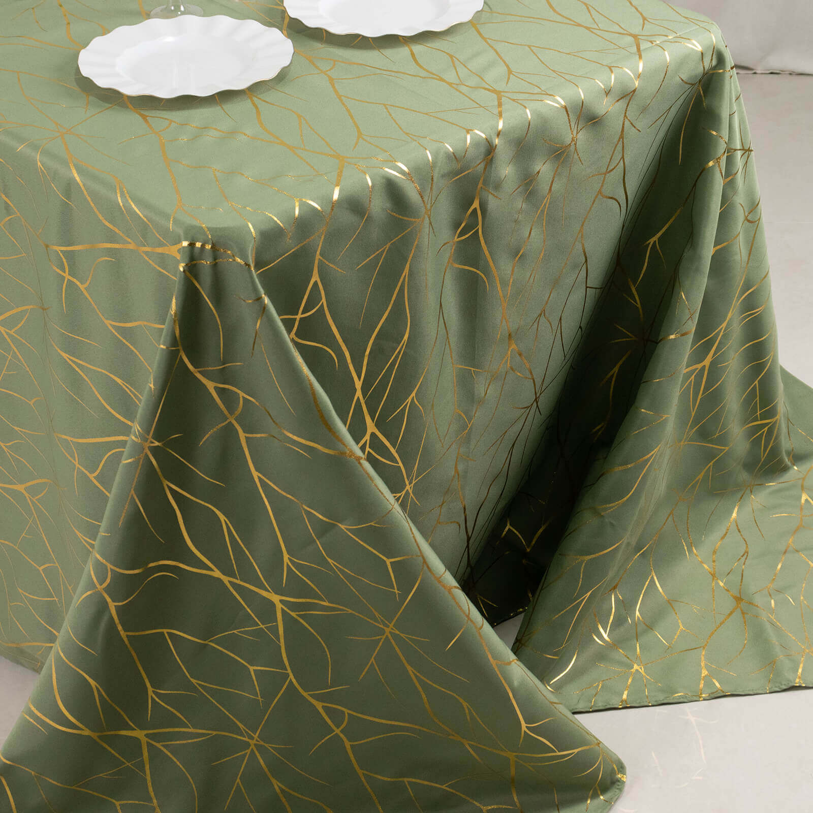 Polyester 90x132 Rectangle Tablecloth Dusty Sage Green with Gold Foil Tree Branch Pattern - Wrinkle-Resistant Seamless Table Cover