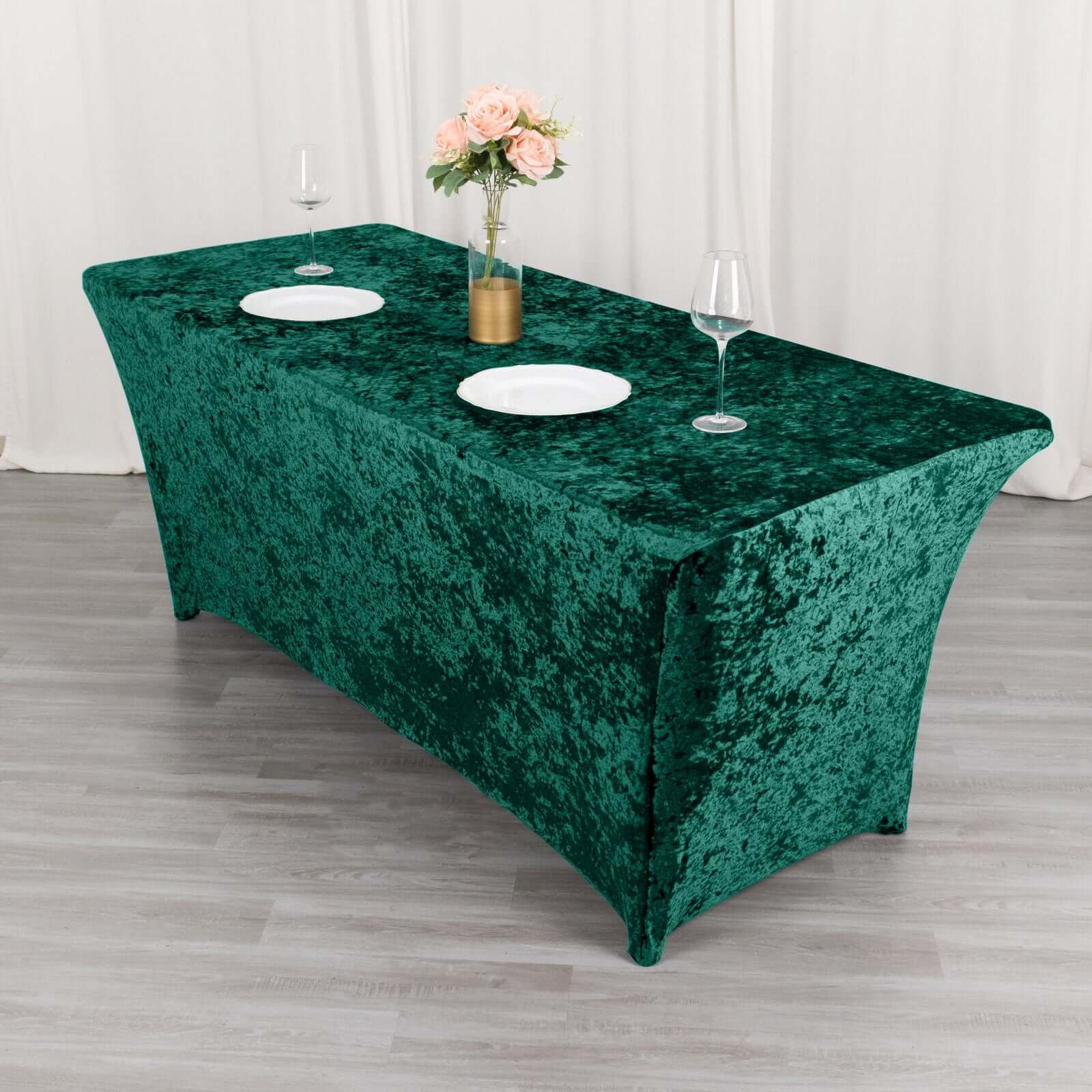 Crushed Velvet Fitted Rectangular 6ft Table Cover Hunter Emerald Green - Wrinkle-Free Stretchy Tablecloth