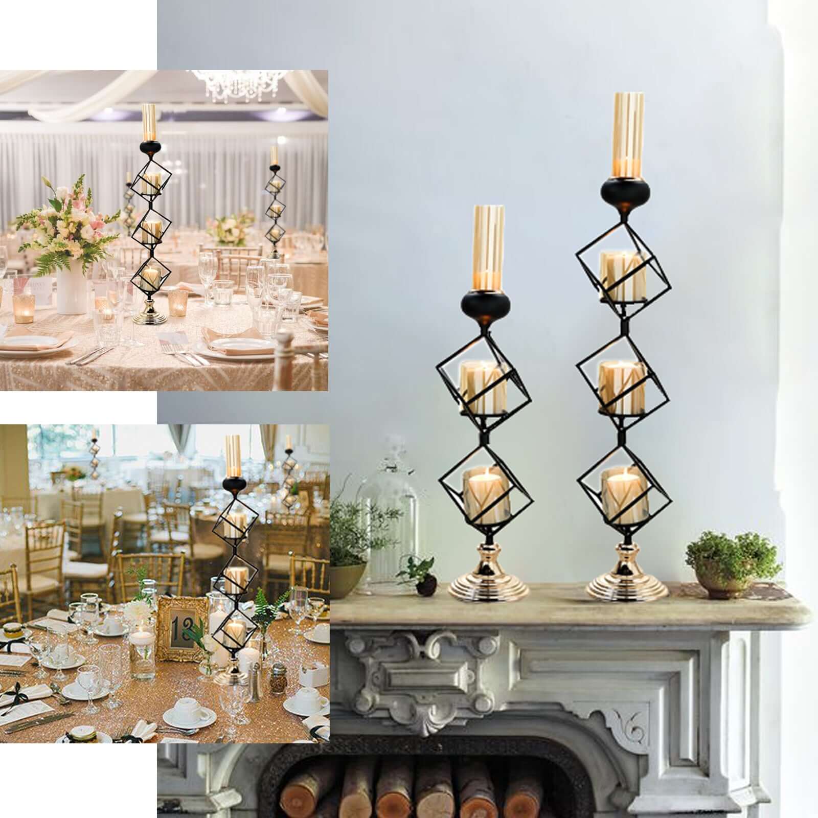 3-Tier Candle Holder Black Geometric Design with Amber Glass Votives & Gold Trim - Modern Decor for Weddings 28 Tall