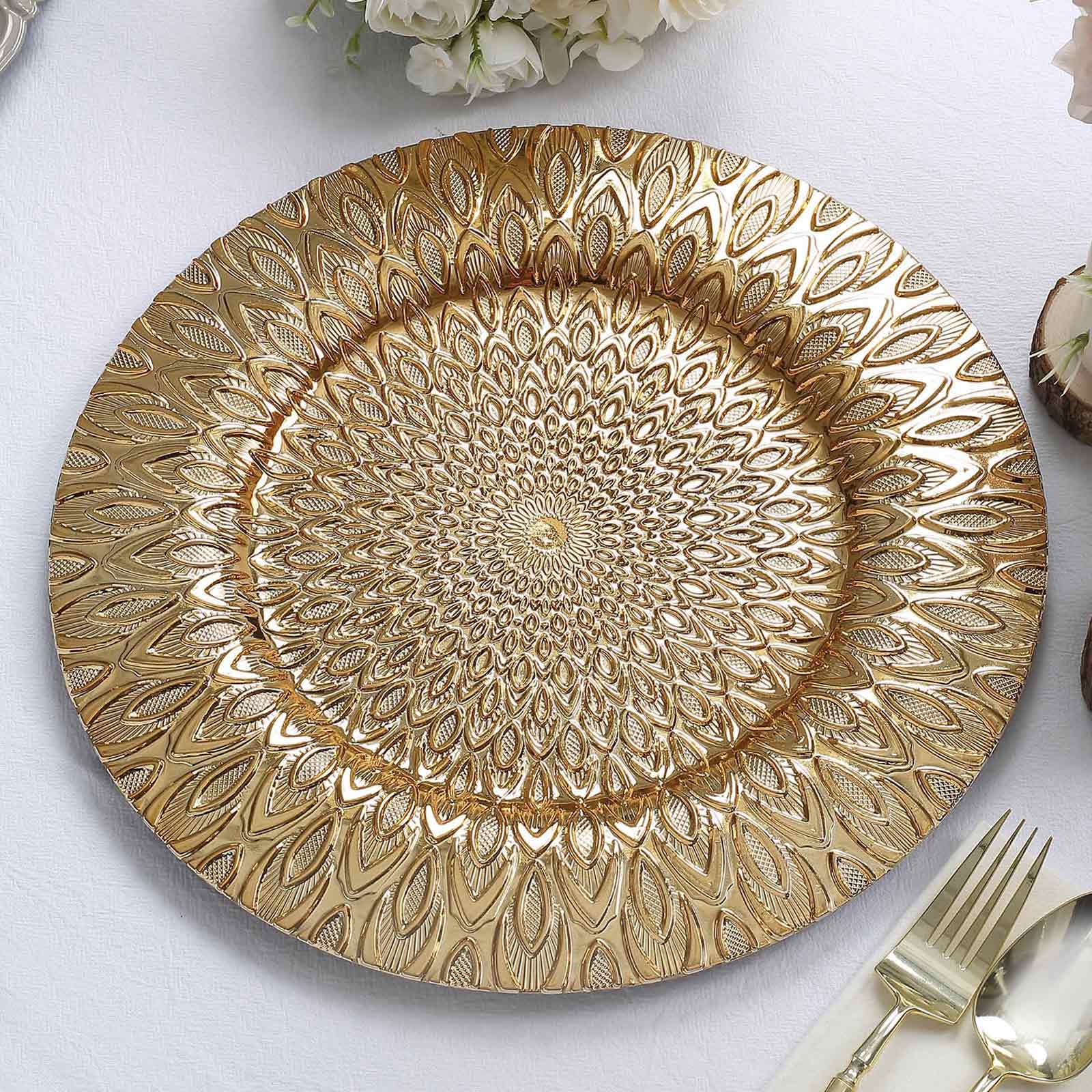 6-Pack Plastic Round Charger Plates 13 in Gold with Embossed Peacock Pattern, Stylish Disposable Charger Tableware