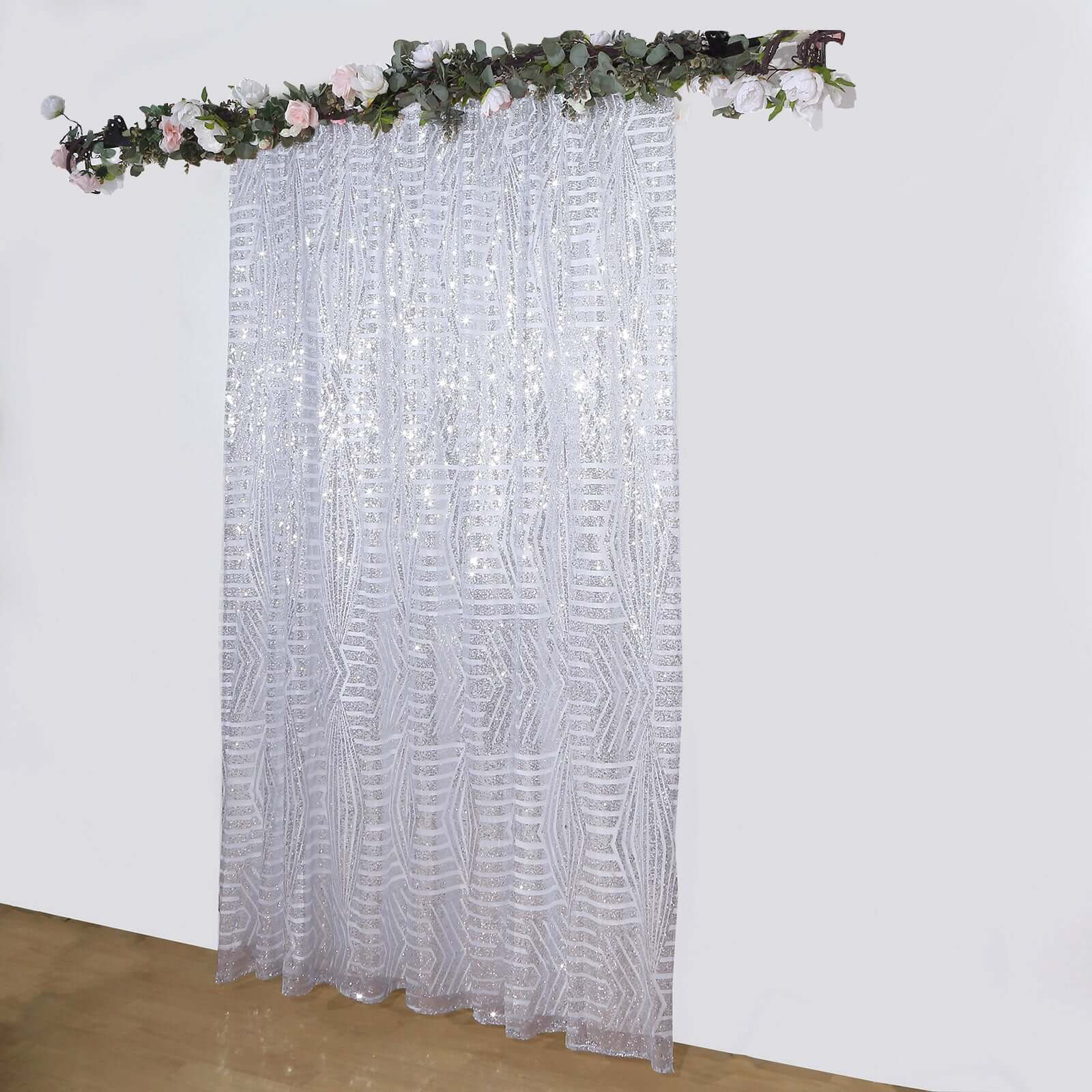 8ftx8ft Silver Geometric Sequin Event Curtain Drapes with Satin Backing, Seamless Opaque Sparkly Backdrop Event Panel in Diamond Glitz Pattern