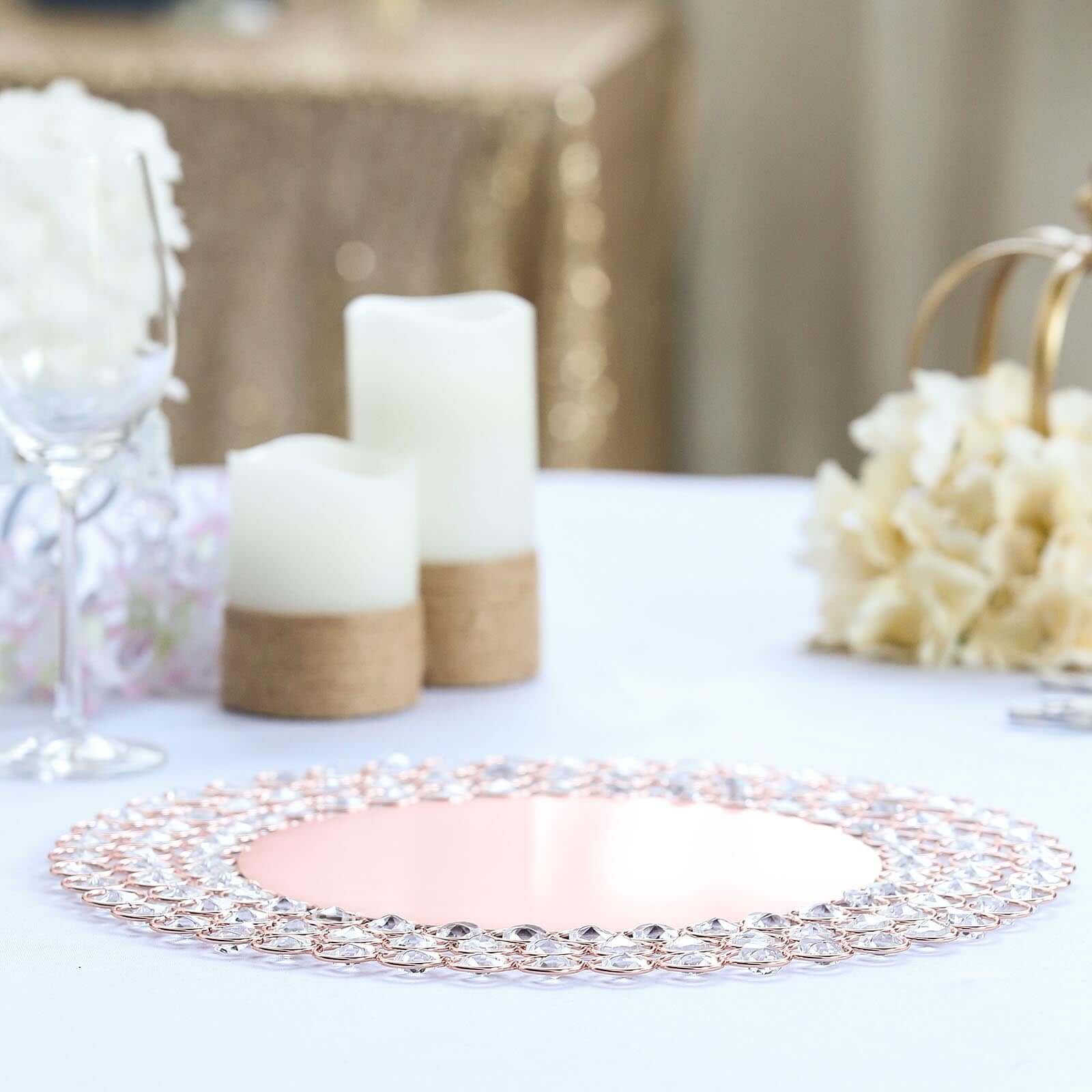 Wired Metal Round Charger Plate 14 in Rose Gold with Acrylic Crystal Beads, Glamorous Decorative Dinner Charger Tableware