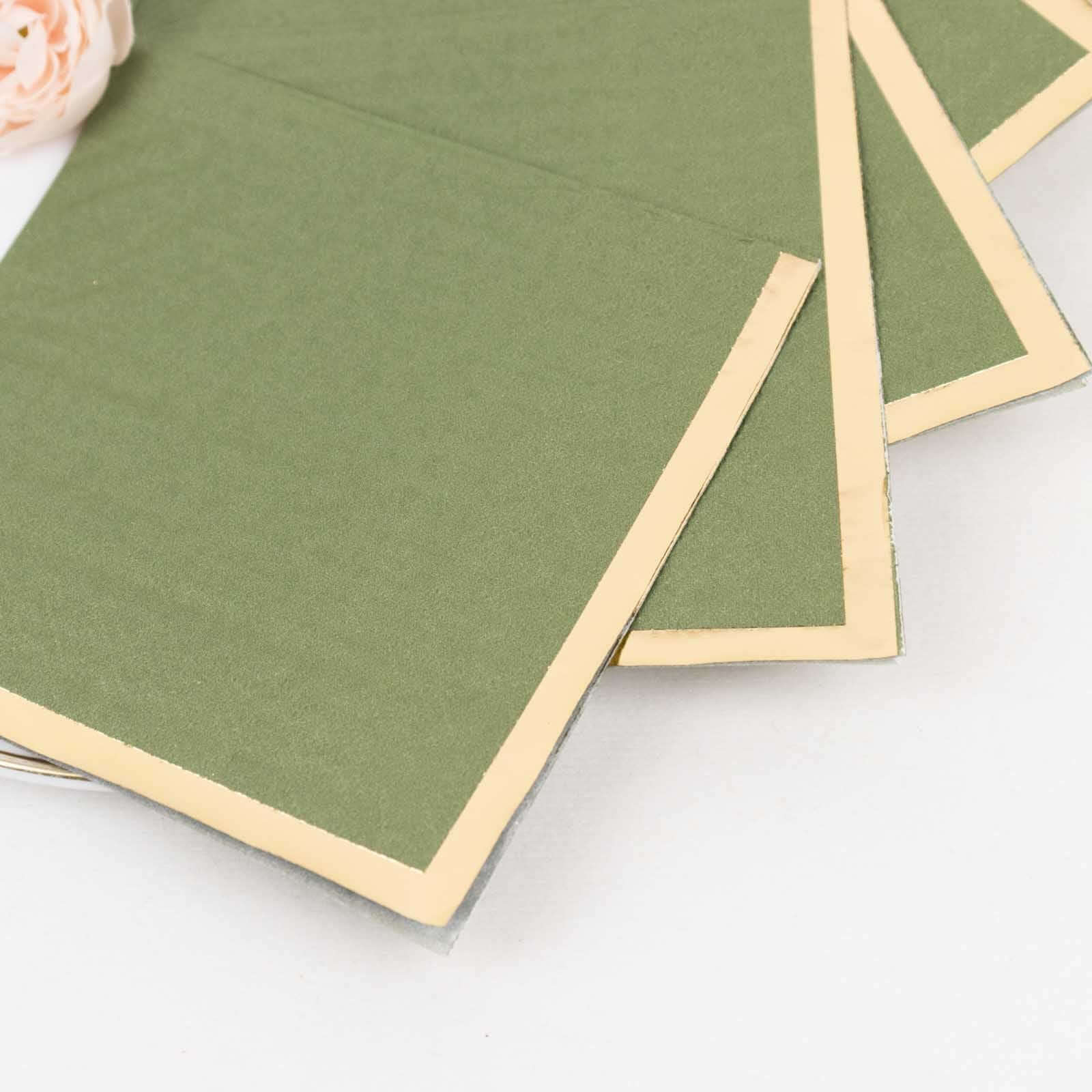 50-Pack Paper Beverage Napkins Olive Green with Gold Foil Edge - 2 Ply Disposable Soft 18GSM Cocktail Napkins 5x5