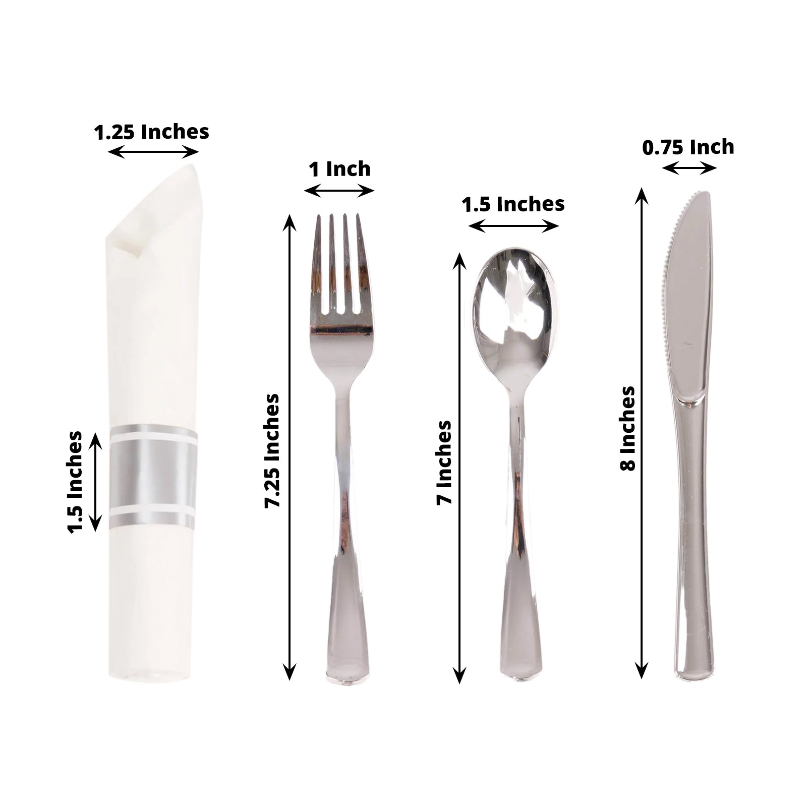 Set of 24 Silver Plastic Silverware with Pre-Rolled White Paper Napkins - Disposable Wrapped Fork, Spoon, and Knife Set