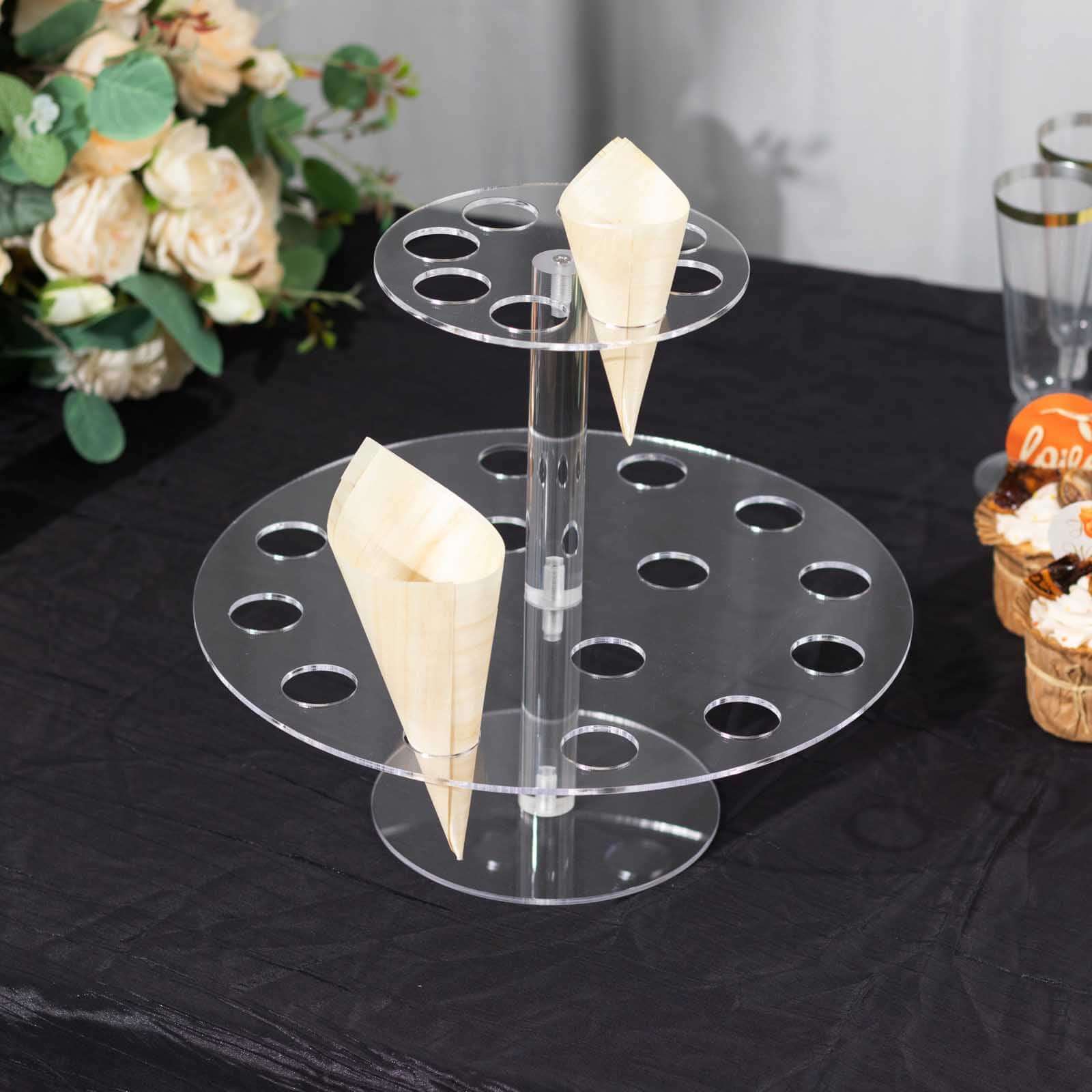 2 Tier Acrylic Round Ice Cream Cone Holder Clear - Sturdy Appetizer Dessert Display Stand with 24-Slots for Easy & Stylish Event Party Table Setup 12