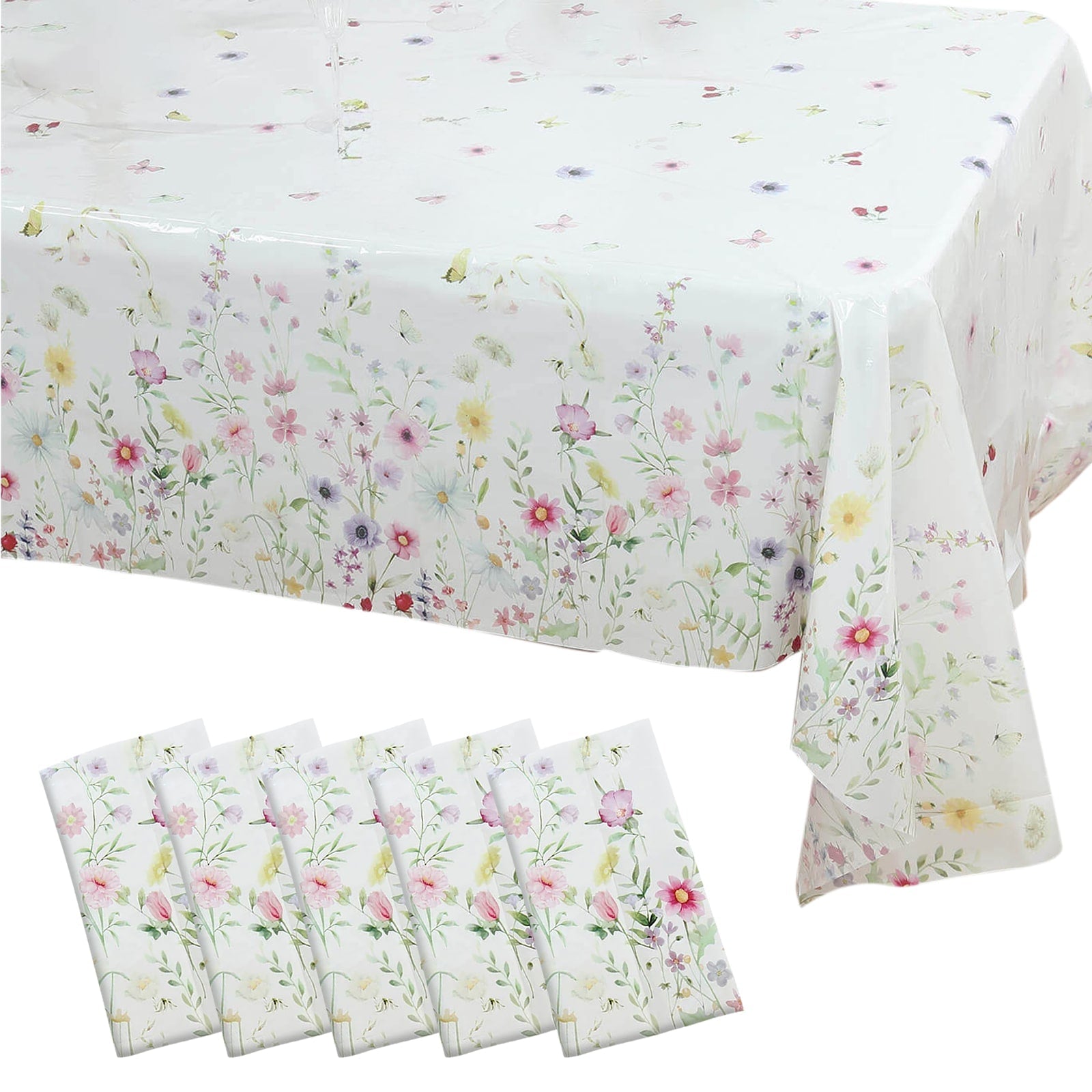 5-Pack Plastic Tablecloths White/Green Spring Floral Rectangle with Wild Flowers Butterfly Print - Durable PVC Disposable Table Covers 54x108