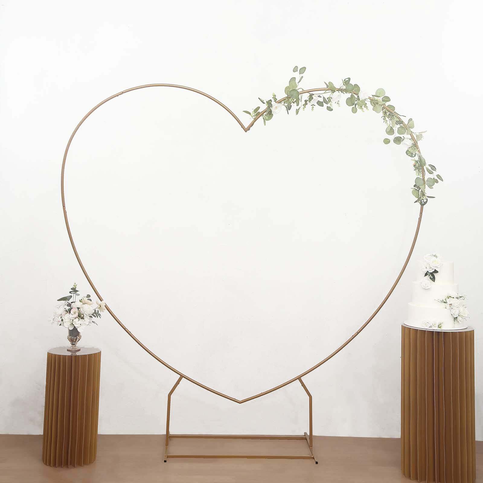 7ft Heavy Duty Gold Metal Heart Shape Photo Backdrop Stand, Wedding Arch Floral Balloon Frame with Sturdy Rectangular Base