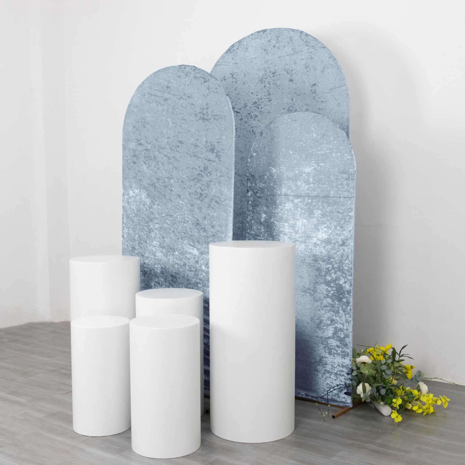 Set of 3 Dusty Blue Crushed Velvet Chiara Backdrop Stand Covers For Round Top Wedding Arches - 5ft, 6ft, 7ft