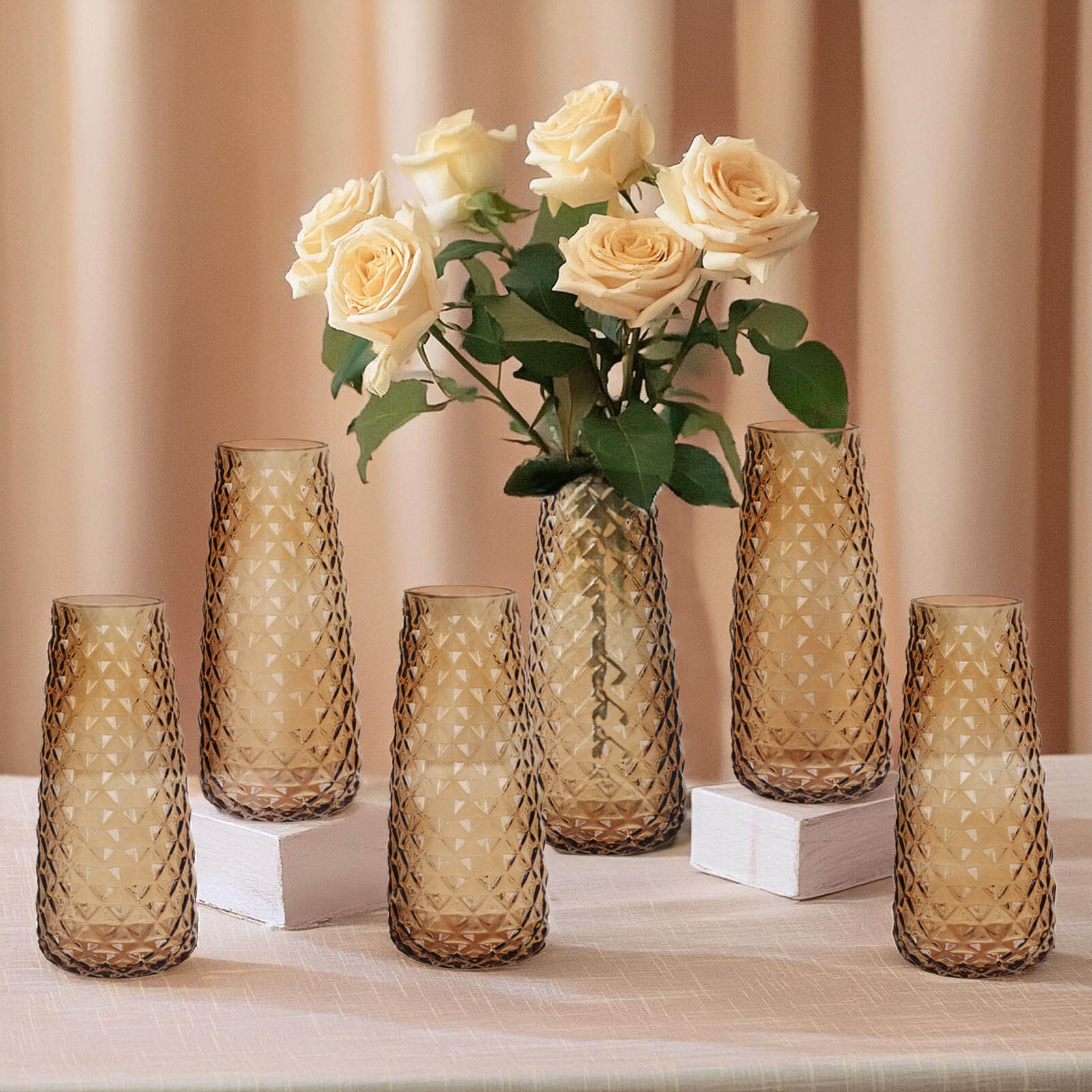 6-Pack Glass Urn Vases Amber Gold with Diamond Crystal Cut Pattern - Stylish Decorative Design for Event Decor 8.5