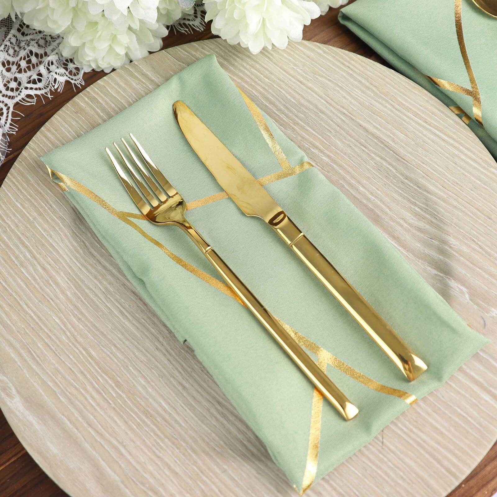 5 Pack Polyester 20x20 Napkins Sage Green with Gold Geometric Foil Pattern - Modern Reusable Dinner Napkins