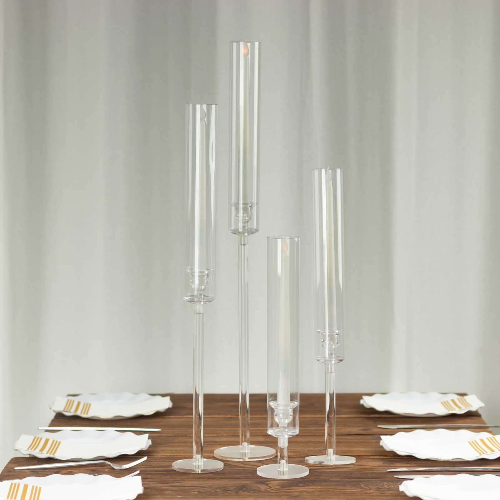 Set of 4 Acrylic Taper Candlestick Holders, Clear Tall Chimney Tube Candle Shades Hurricane Candle Stands 14, 18, 22, 26