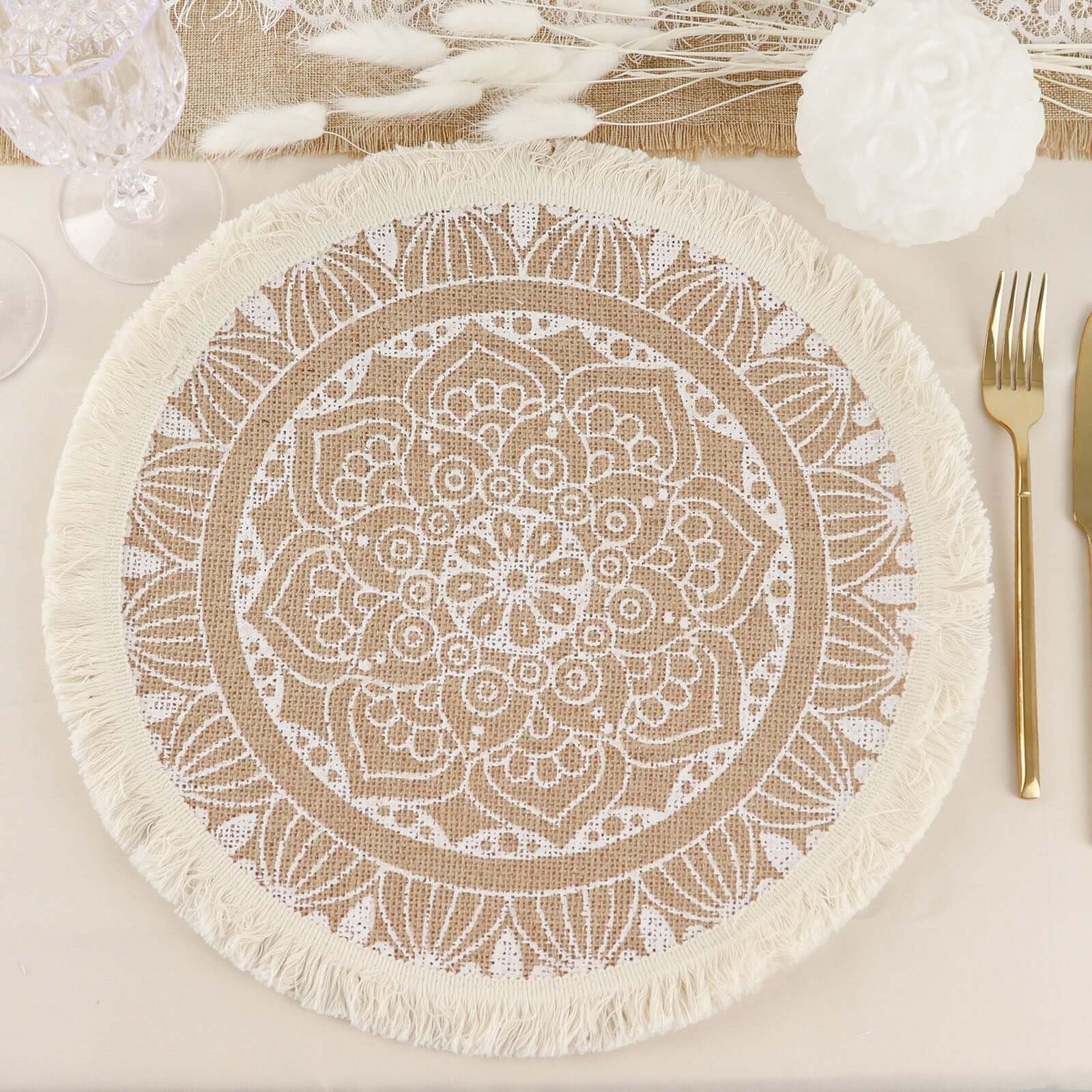 4-Pack Placemats Mandala Print Fringe Design Natural Jute and White Round - Rustic Burlap Tassel Style 15