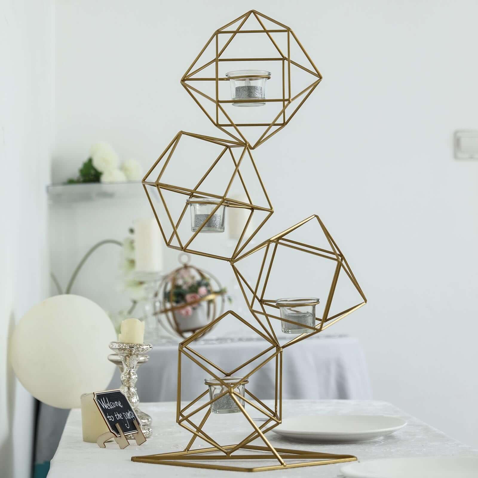 Tealight Candle Holder Metal Linked Geometric Design Gold with Votive Glass Holders - Sophisticated Decor for Tables & Gatherings 25