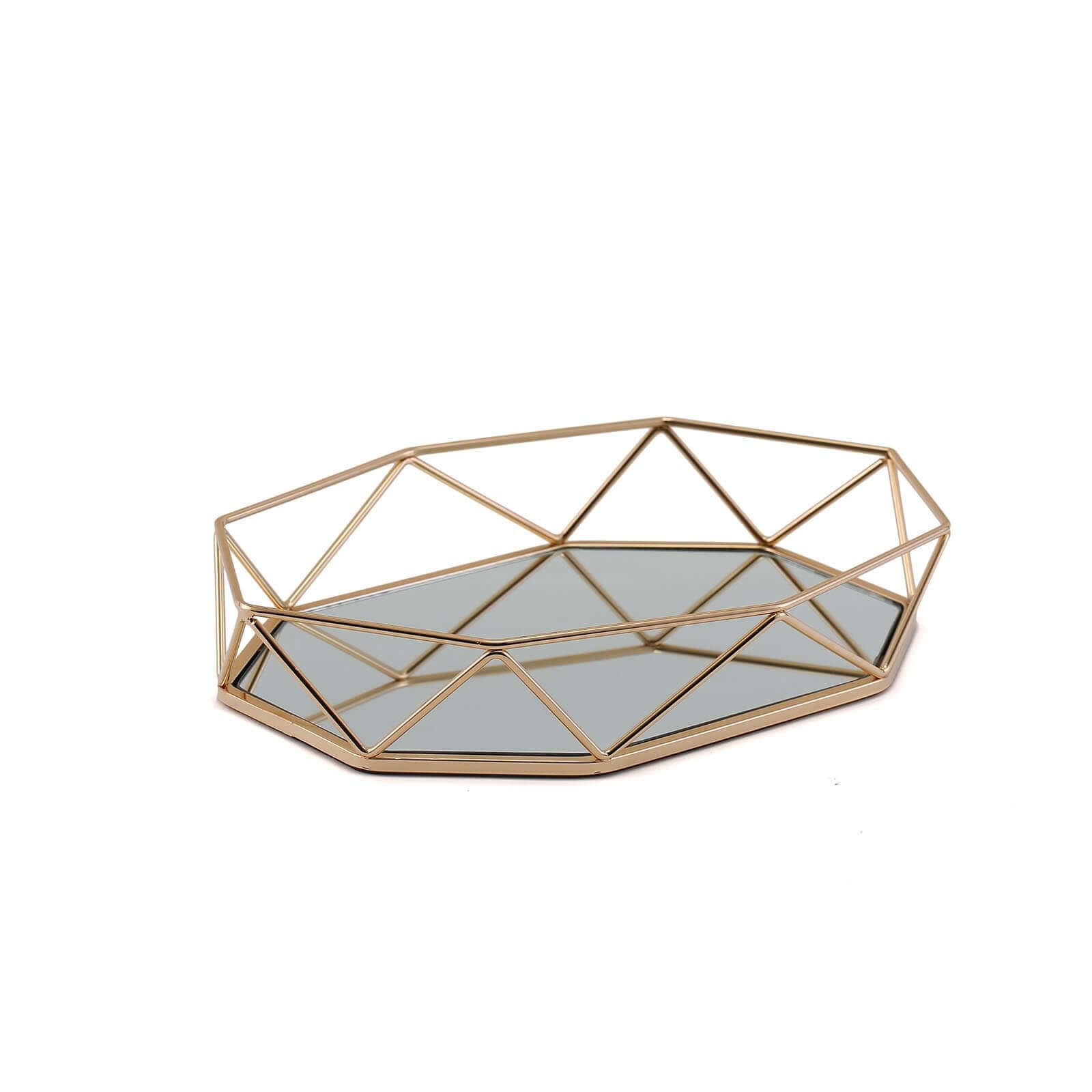 Metal Octagon Serving Tray 14x9 in Gold with Mirrored Top, Sleek Decorative Vanity Tray Centerpiece