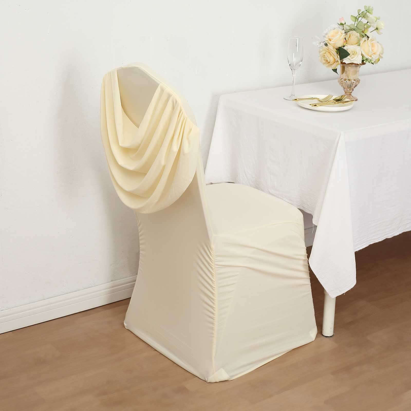 Spandex Chair Cover with Ruched Swag Back and Foot Pockets for Banquet Chairs Ivory - Fitted Slipcover