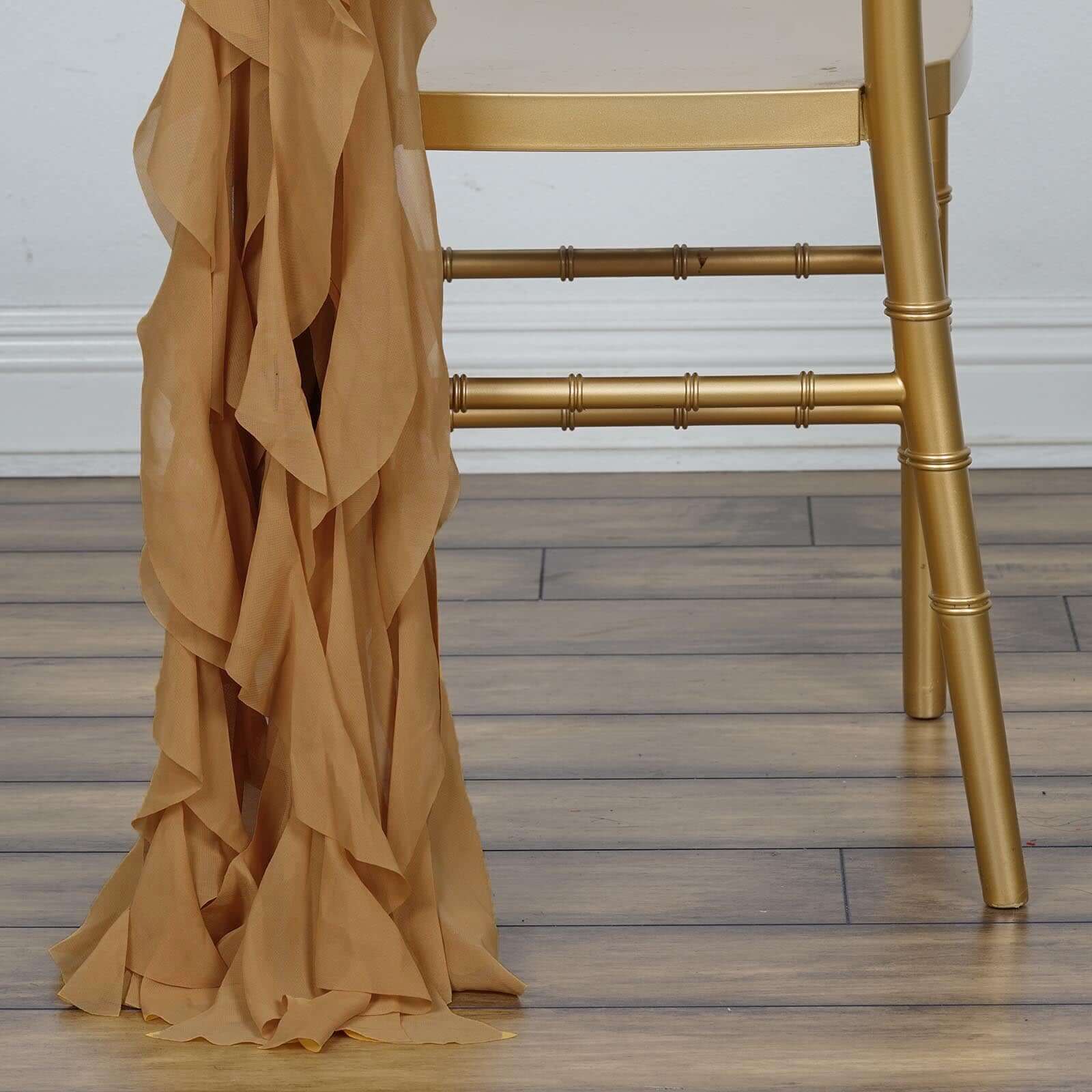 1 Set Chiffon Hoods Chair Sashes with Willow Ruffles Design Gold - Stylish Decor for Weddings & Gatherings