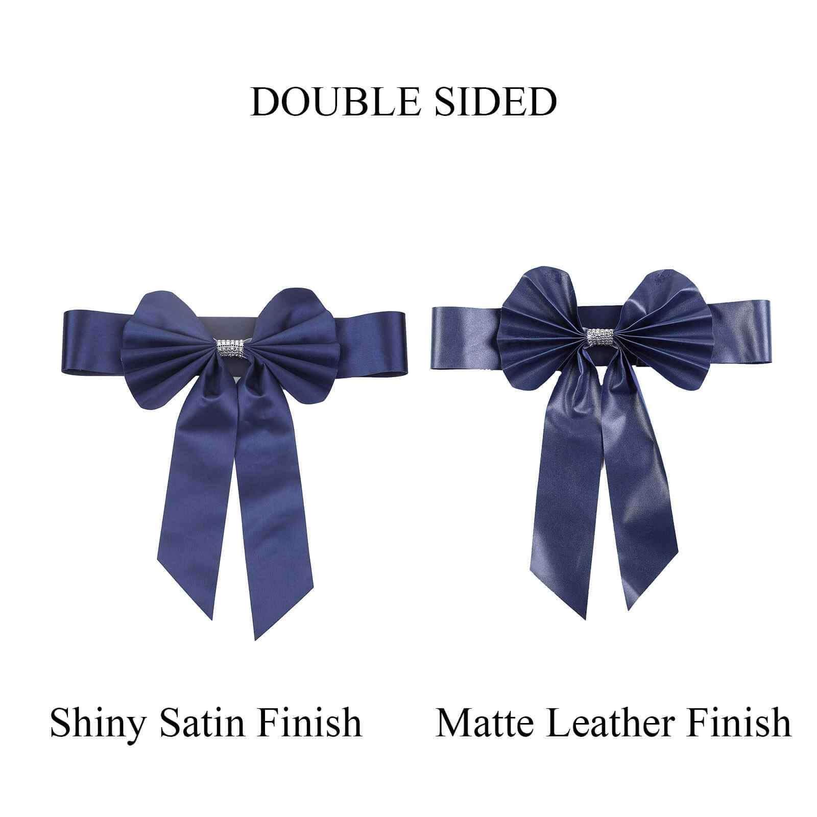 5 Pack Satin Faux Leather Chair Sashes Navy Blue - Durable Double Sided Pre-tied Bow Tie Chair Bands with Diamond Rhinestone Buckles