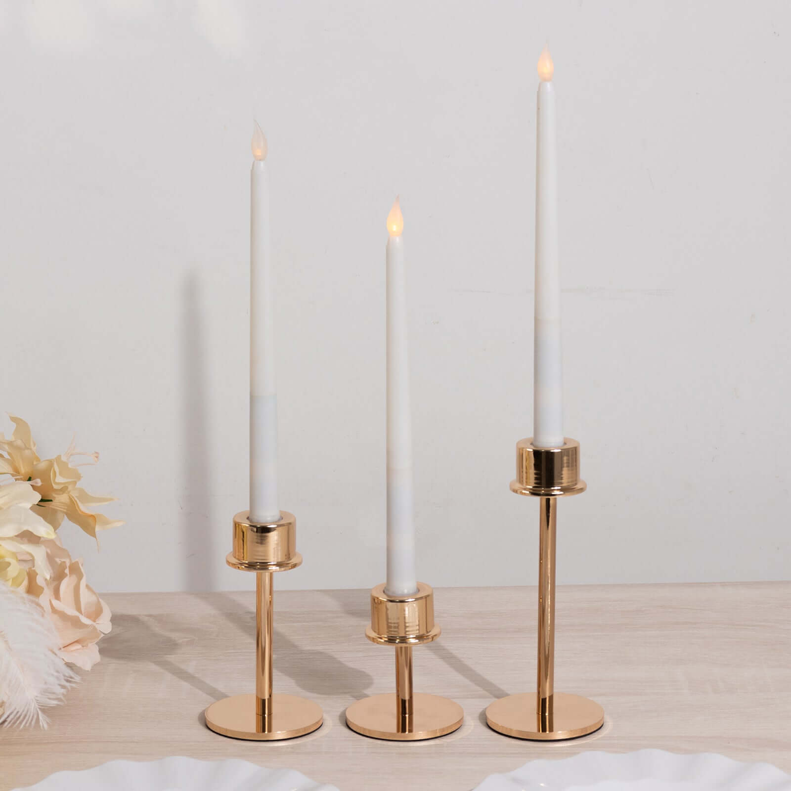 Set of 3 Metal Taper Candlestick Holders Gold with Round Base - Hurricane Candle Stands 3.5, 5.5, 8