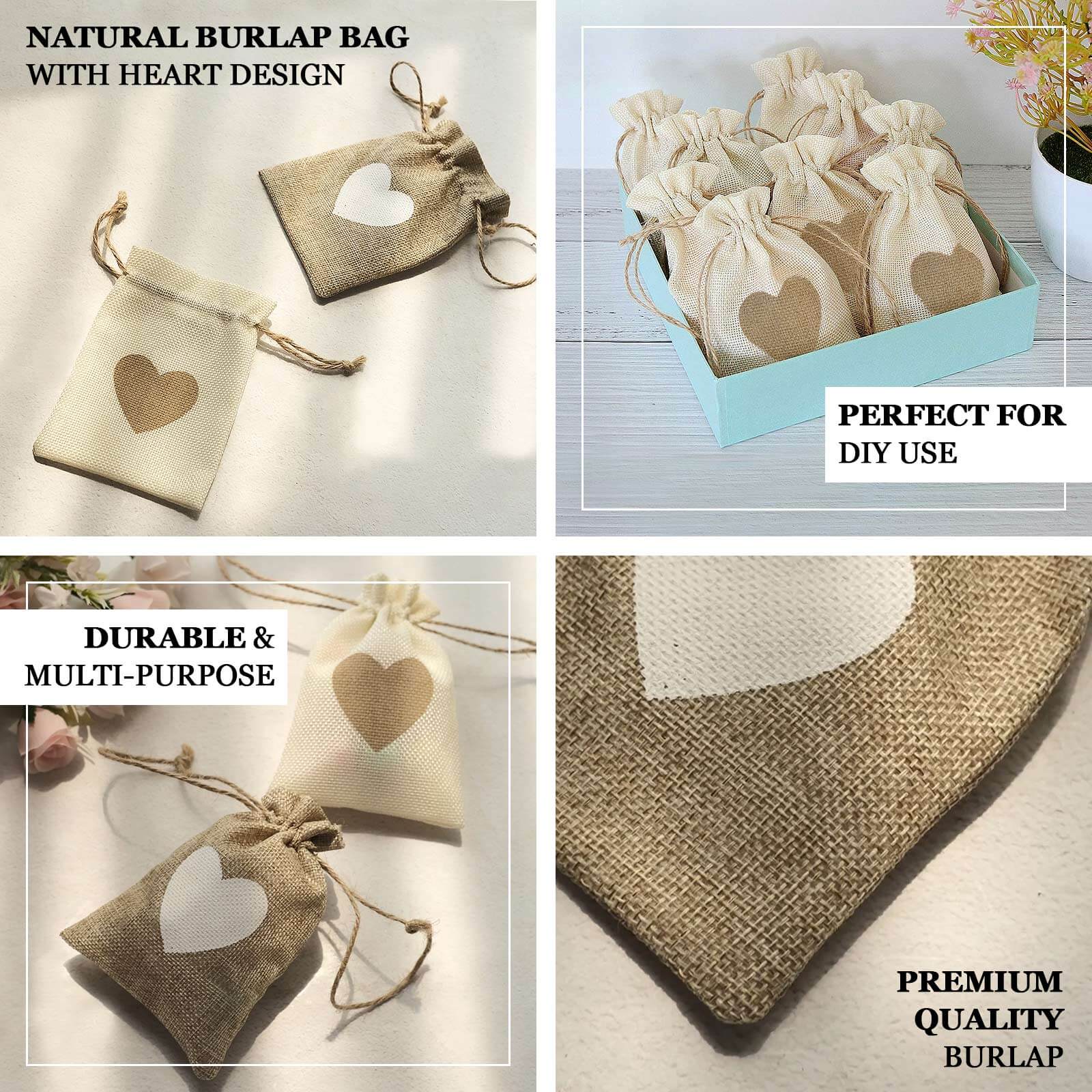 20 Pack 4x5 Natural Ivory Heart Design Jute Burlap Gift Bags With Drawstring, Rustic Wedding Party Favor Bags