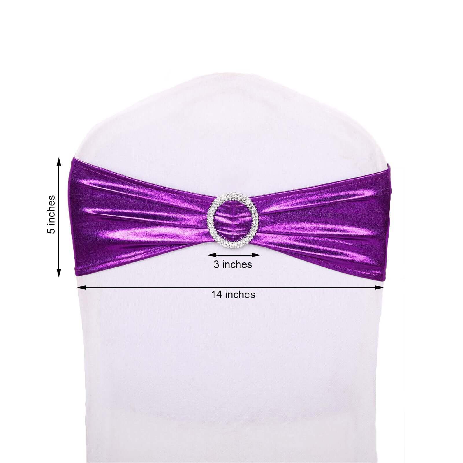 5 Pack Metallic Spandex Chair Sashes Purple - Stretch Fit Chair Bands With Round Diamond Buckles