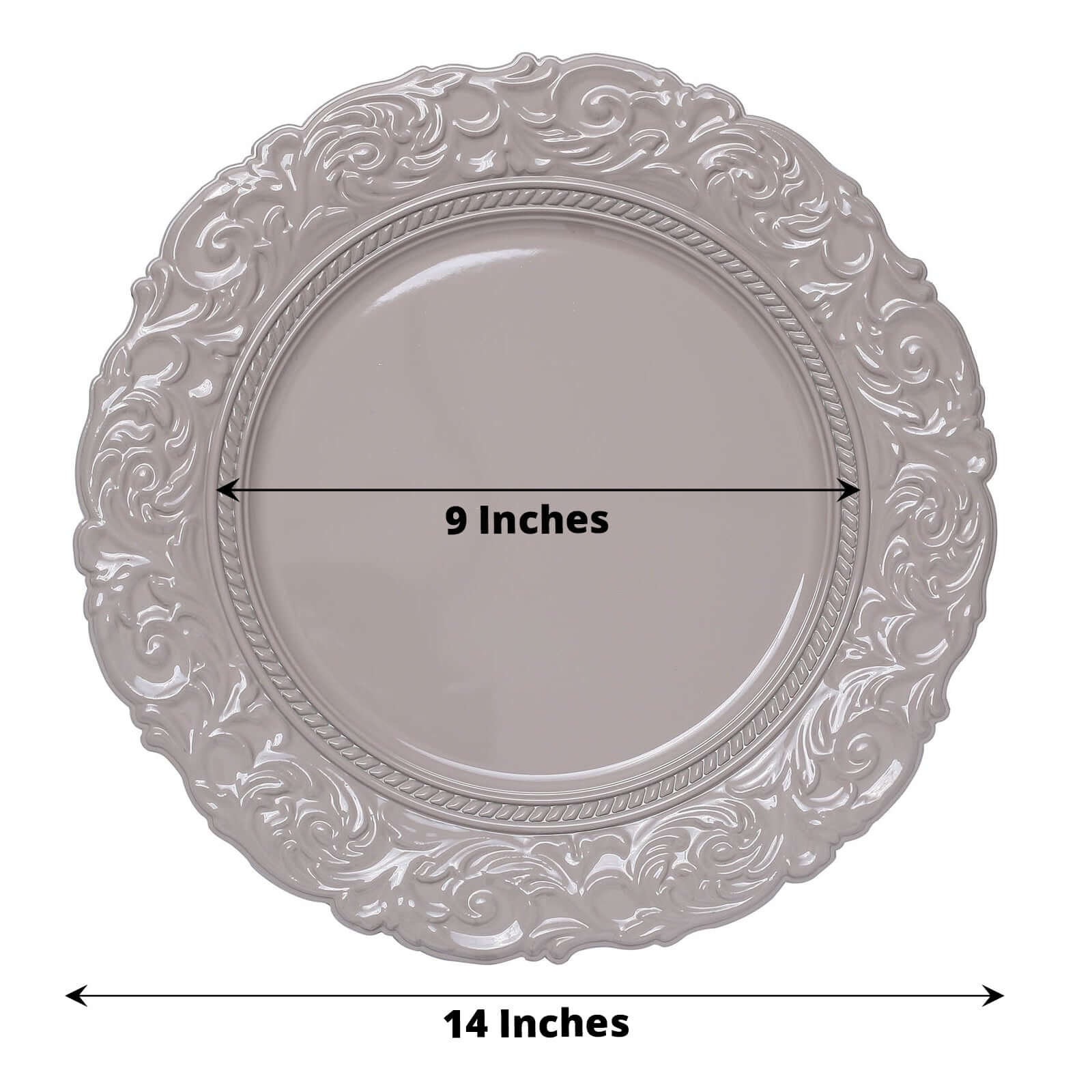 6-Pack Acrylic Round Charger Plates 14 in Taupe with Engraved Baroque Rim, Vintage Disposable Decorative Chargers