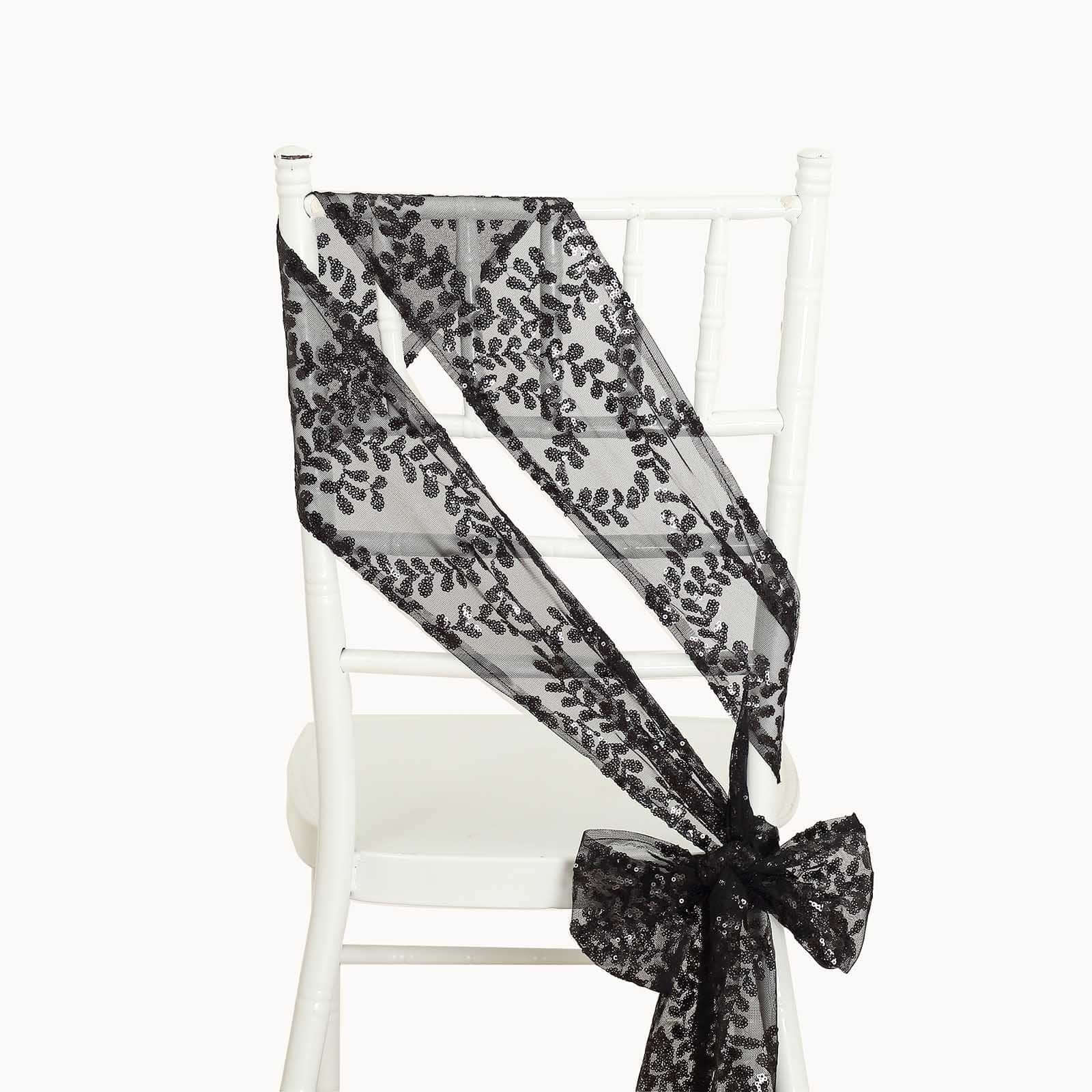 5 Pack Tulle Chair Sashes with Leaf Vine Embroidered Sequins Black 6x88