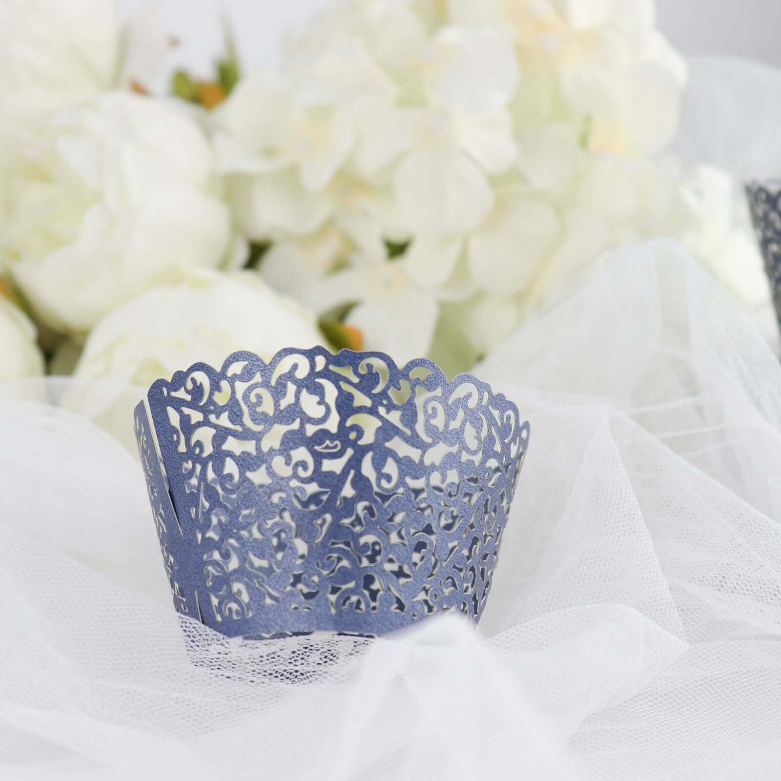 25-Pack Paper Cupcake Wrappers Lace Laser Cut Design Navy Blue - Muffin Baking Cup Trays for Events