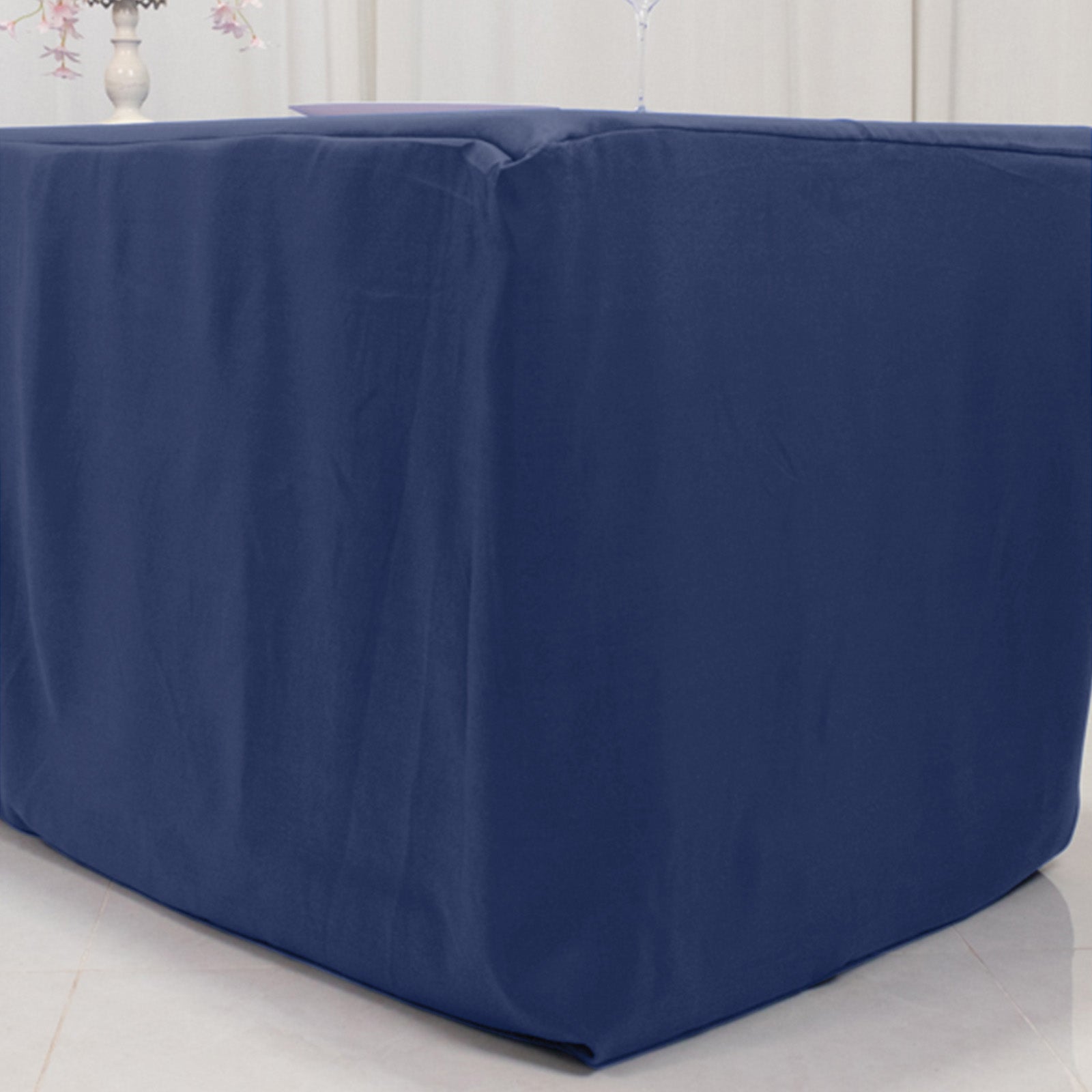 Fire Retardant Premium Polyester 8ft Rectangular Tablecloth Navy Blue Fitted High-Performance Table Cover