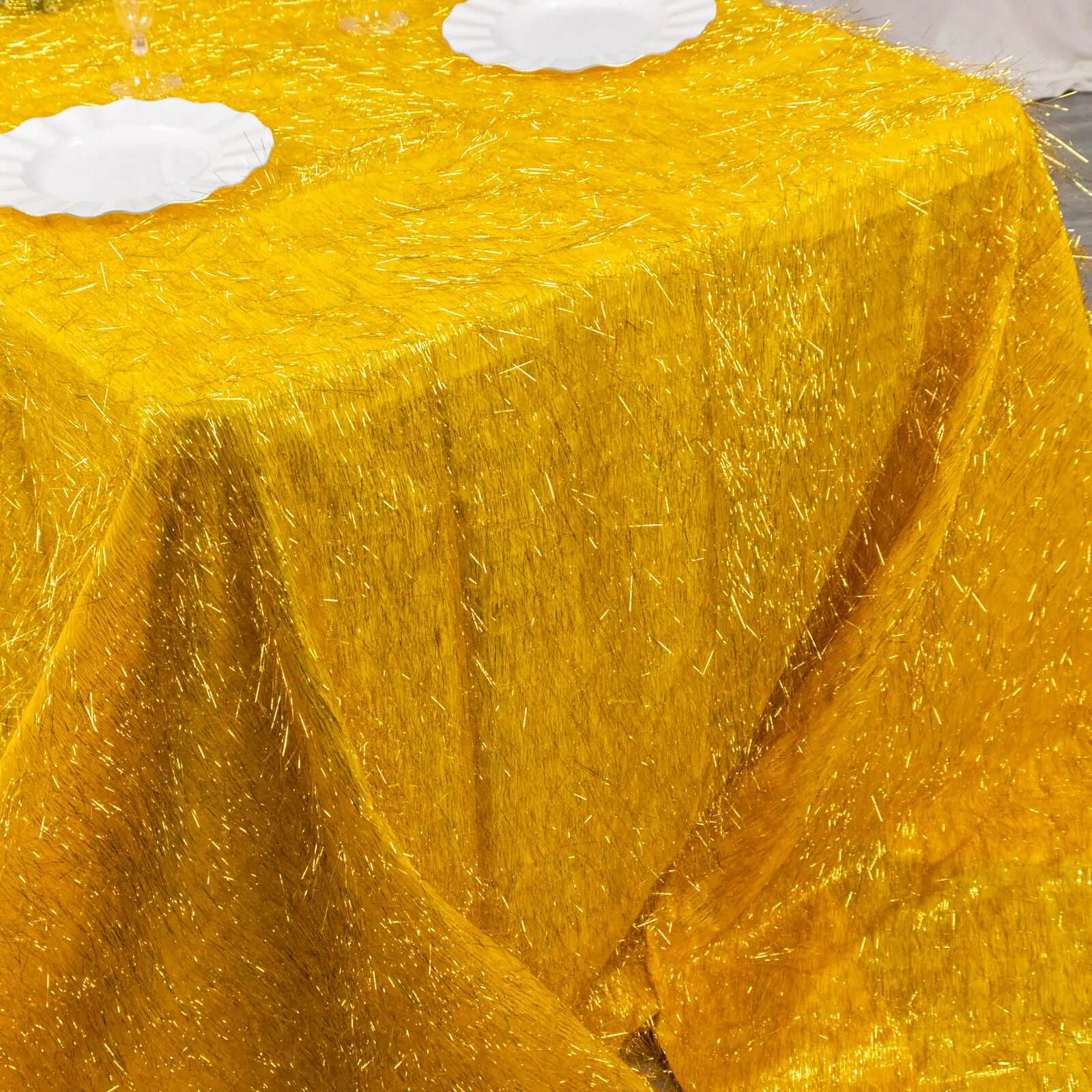 Polyester 90x156 Rectangle Tablecloth Gold Metallic Fringe Shag Tinsel Design Table Cover for Events Decor