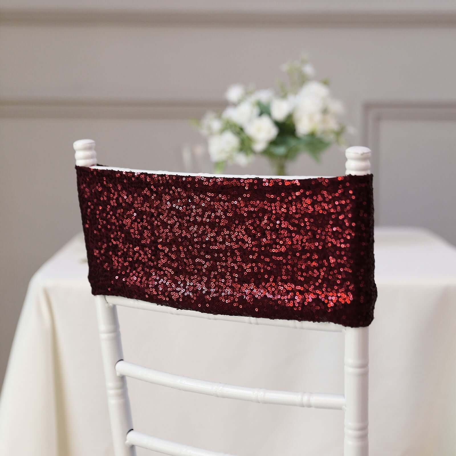 5 Pack Sequin Spandex Chair Sashes Burgundy - Stretch Chair Bands 6x15