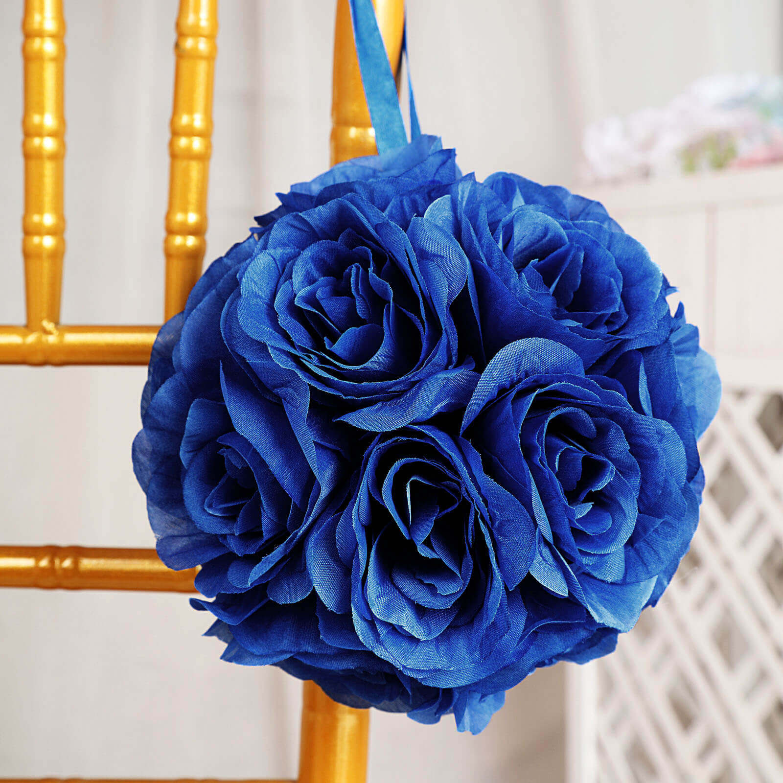 2 Pack 7 Royal Blue Artificial Silk Rose Kissing Ball, Faux Flower Ball