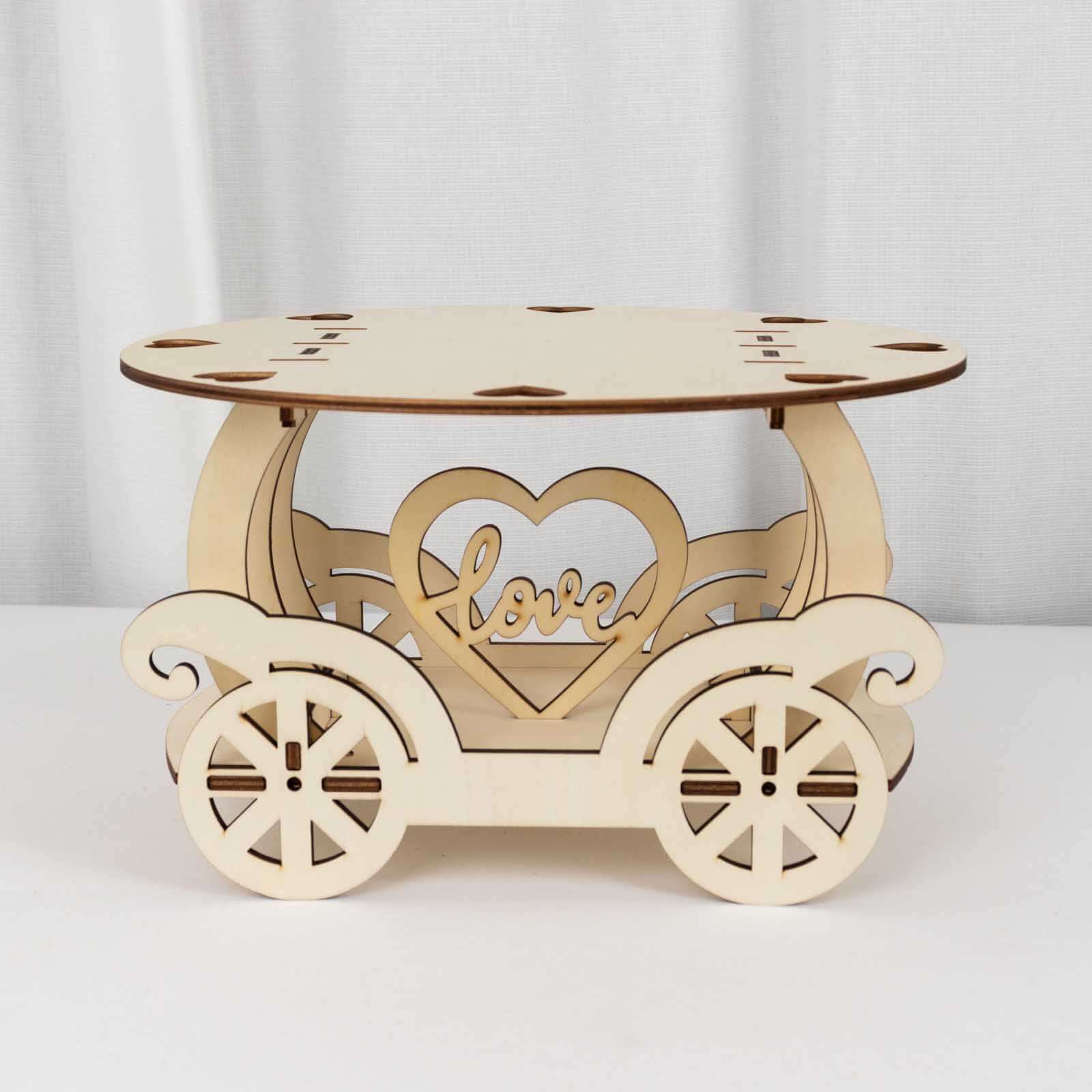 Wooden Wedding Cake Stand Carriage Shape Natural with Laser Cut Design - Round Cupcake Holder Display Plate 12