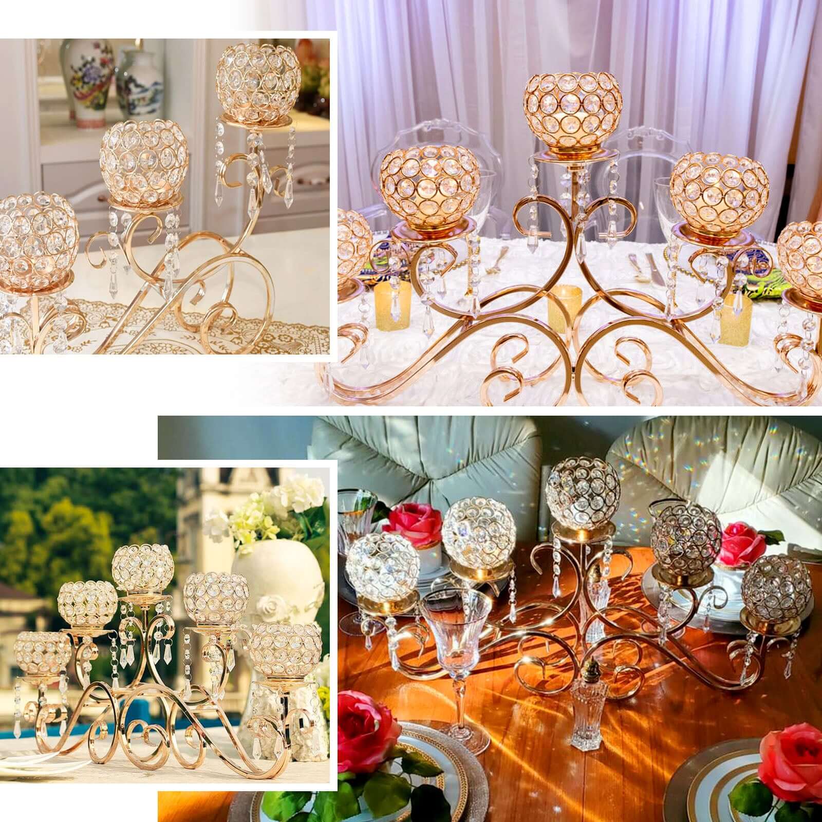 5-Arm Metal Candelabra Horizontal Design with Crystal Goblets Gold - Table Centerpiece for Events 27