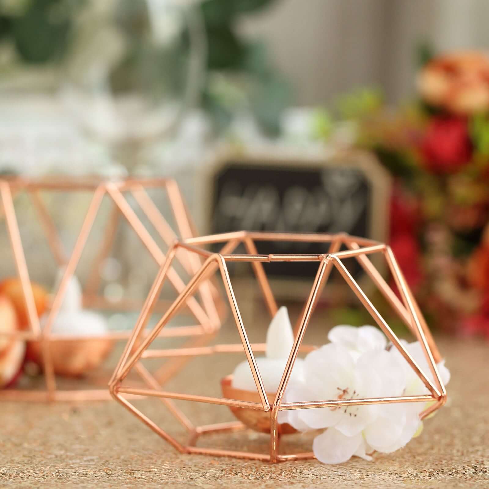 Set of 2 Candle Holders Metal Hexagon Geometric Design Rose Gold - Modern Decorative Centerpieces for Tables 4x3