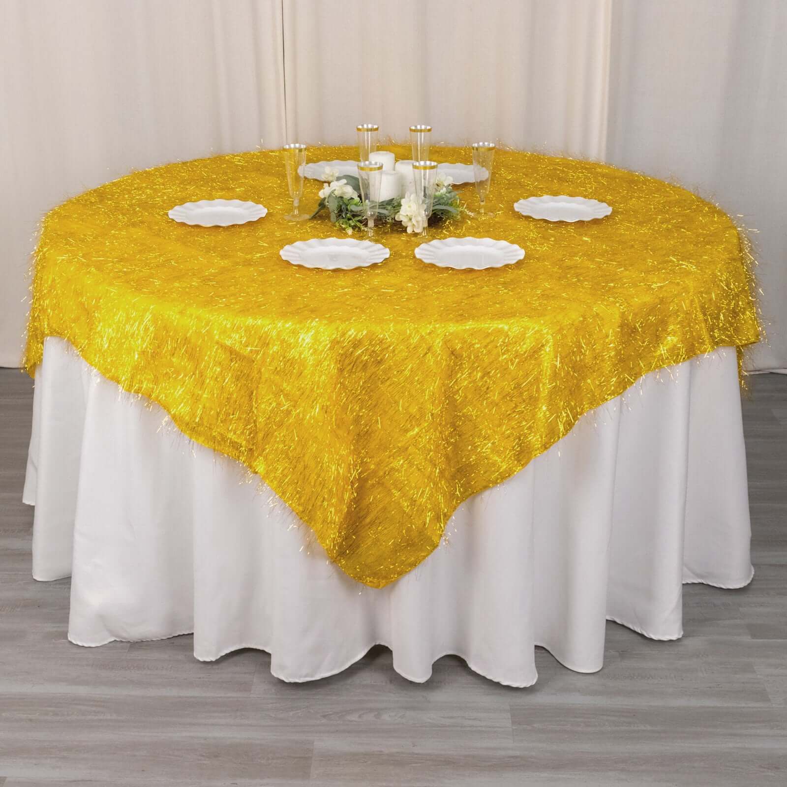 Polyester 72x72 Table Overlay Square Tablecloth Gold - Metallic Fringe Shag Tinsel Design for Luxe Events