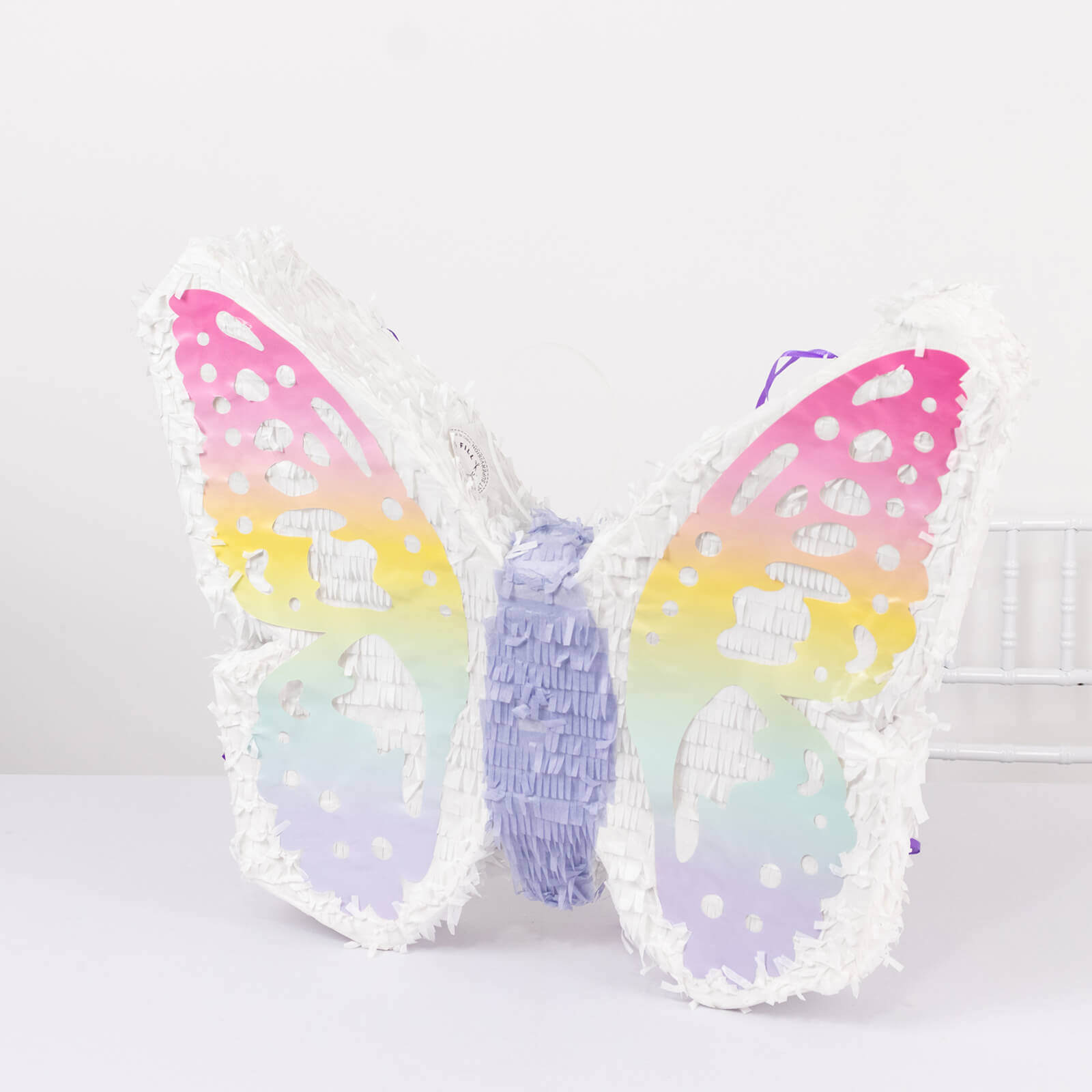 Expandable White Lilac Paper Butterfly Pinata Hanging Decor with Pastel Colored Wings, Fairy Themed Birthday Party Pinata - 23x19