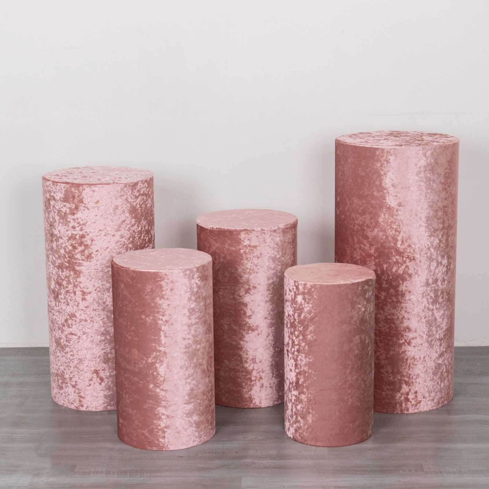 Set of 5 Dusty Rose Crushed Velvet Cylinder Pedestal Stand Covers, Premium Pillar Prop Covers