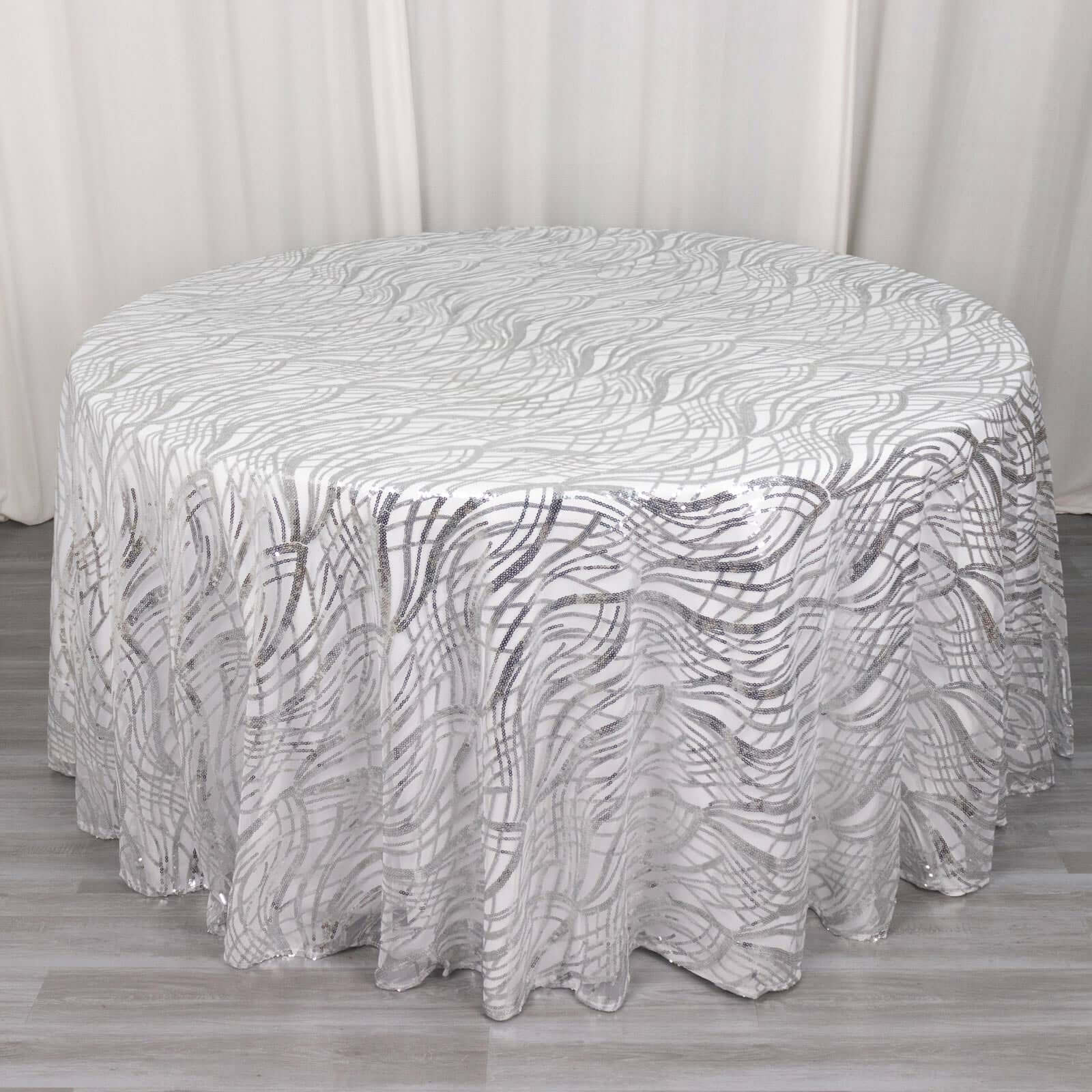Sequin Mesh 120 Round Tablecloth Silver - Seamless Wave Embroidered Table Cover
