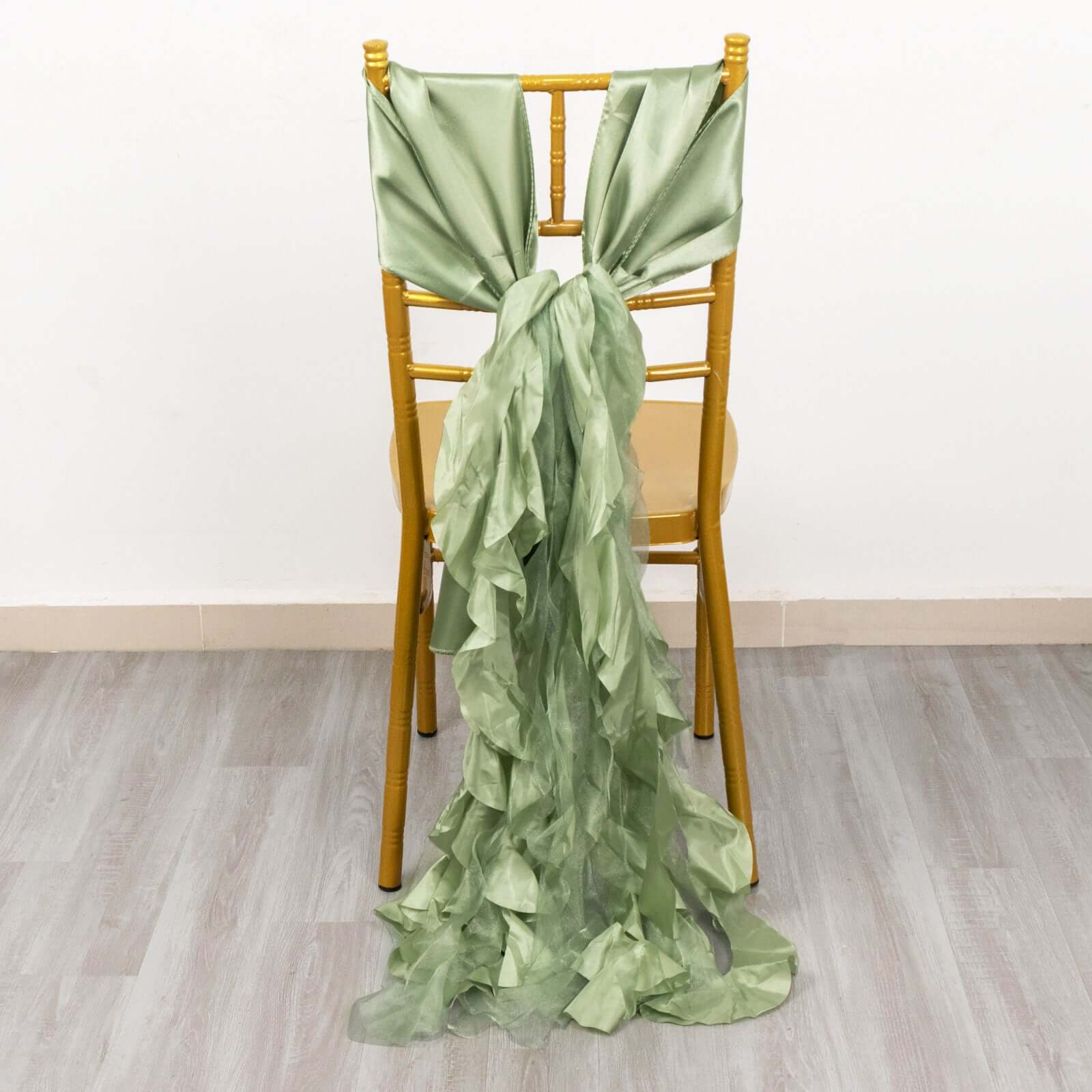 5 Pack Chiffon Satin Chair Sashes Sage Green - Easy to Install Ruffled Curly Willow