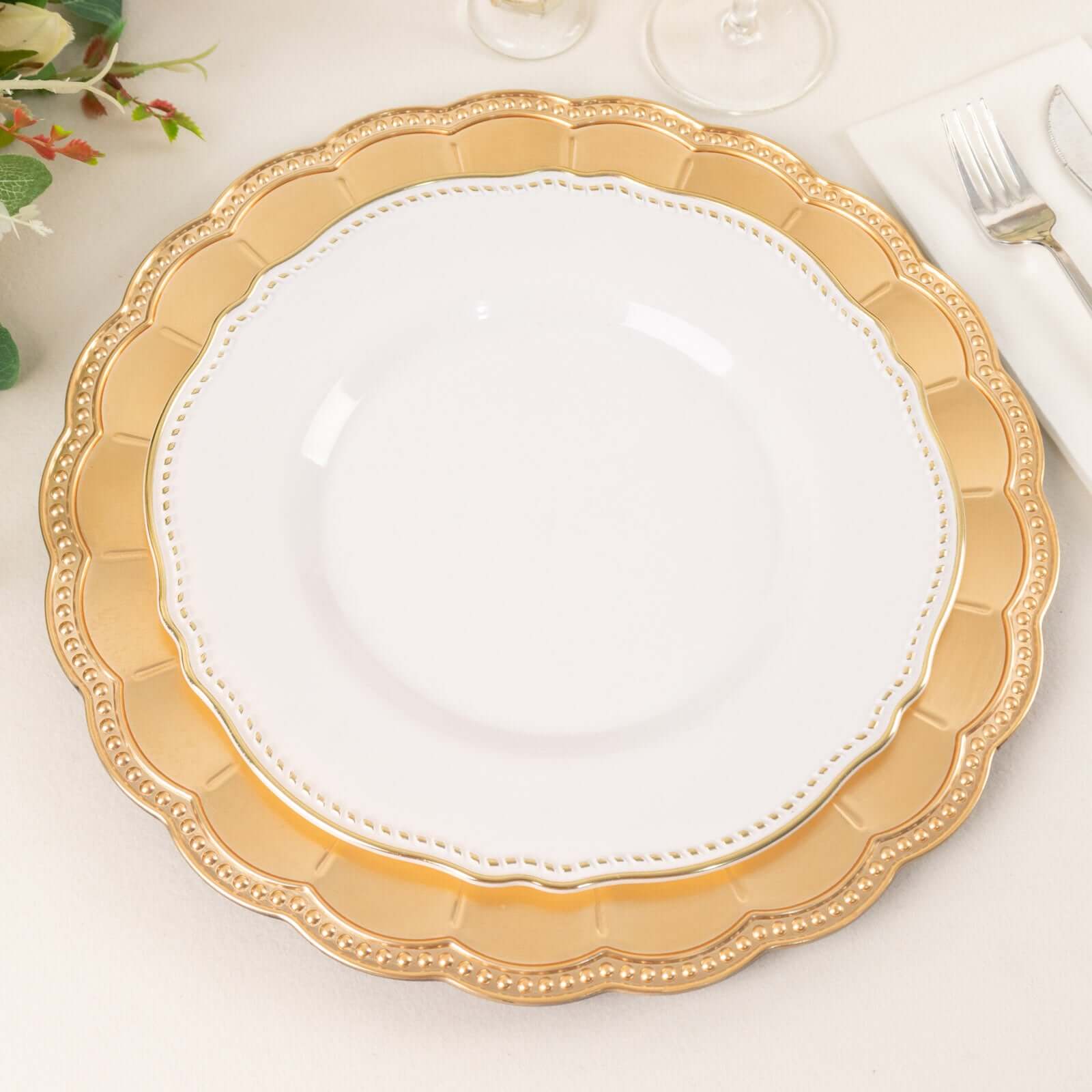 6-Pack Acrylic Round Charger Plates 13 in Metallic Gold with Beaded Sunflower Rim, Plastic Dinner Party Charger Tableware