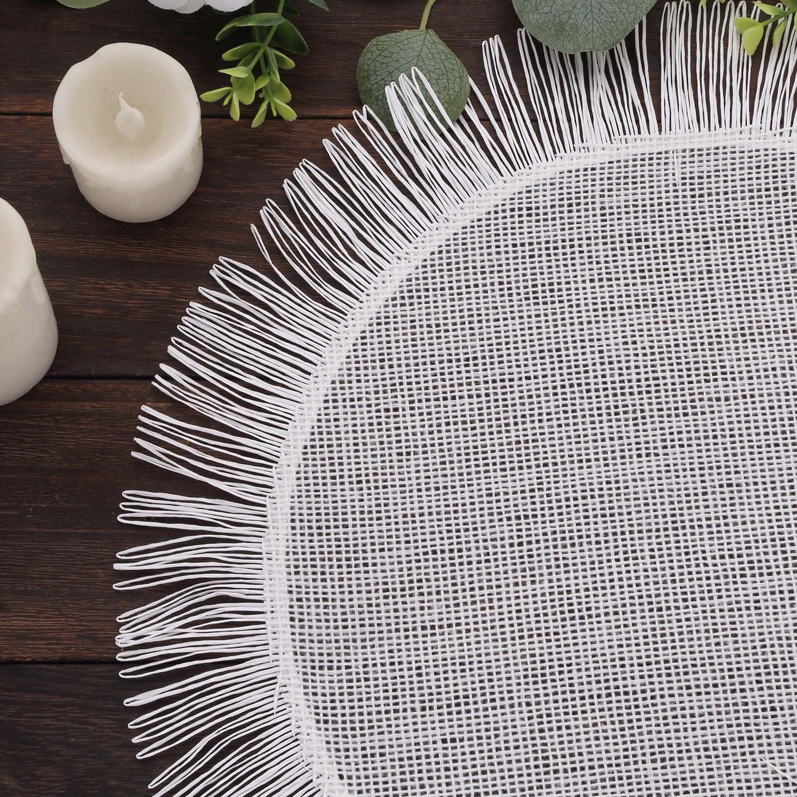 4-Pack Placemats Fringe Edge Design White Jute Round - Rustic Boho Chic Burlap Table Decor 16