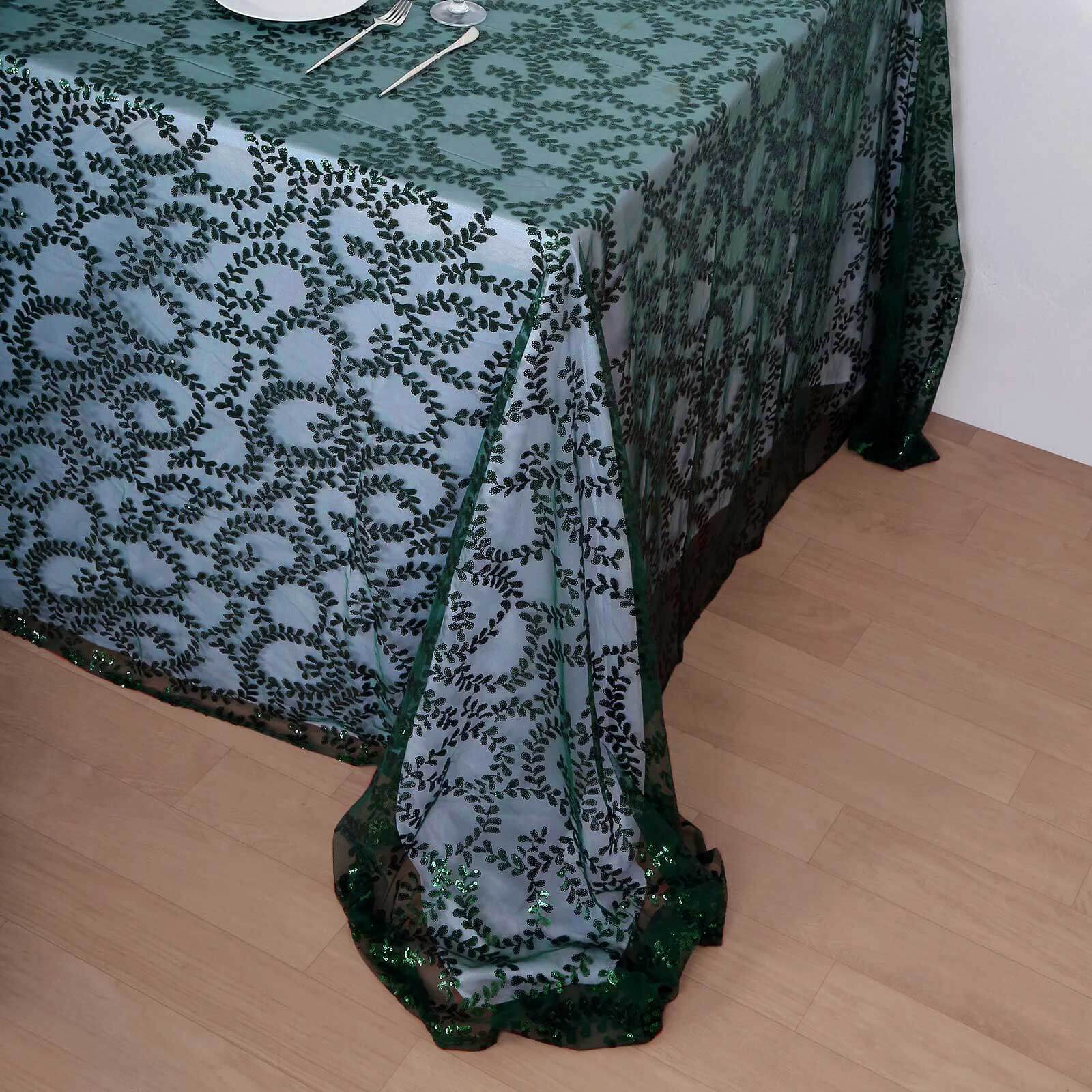 Tulle 90x156 Rectangle Tablecloth Hunter Emerald Green - Sequin Leaf Embroidered Table Cover