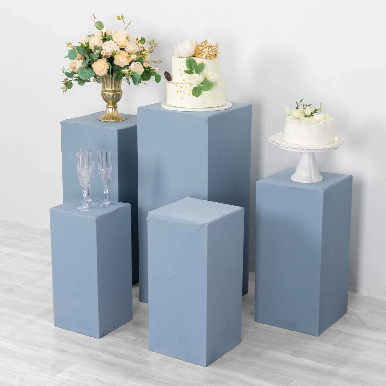 Set of 5 Dusty Blue Spandex Rectangle Pedestal Stand Covers, Stretchable Pillar Prop Covers - 160 GSM