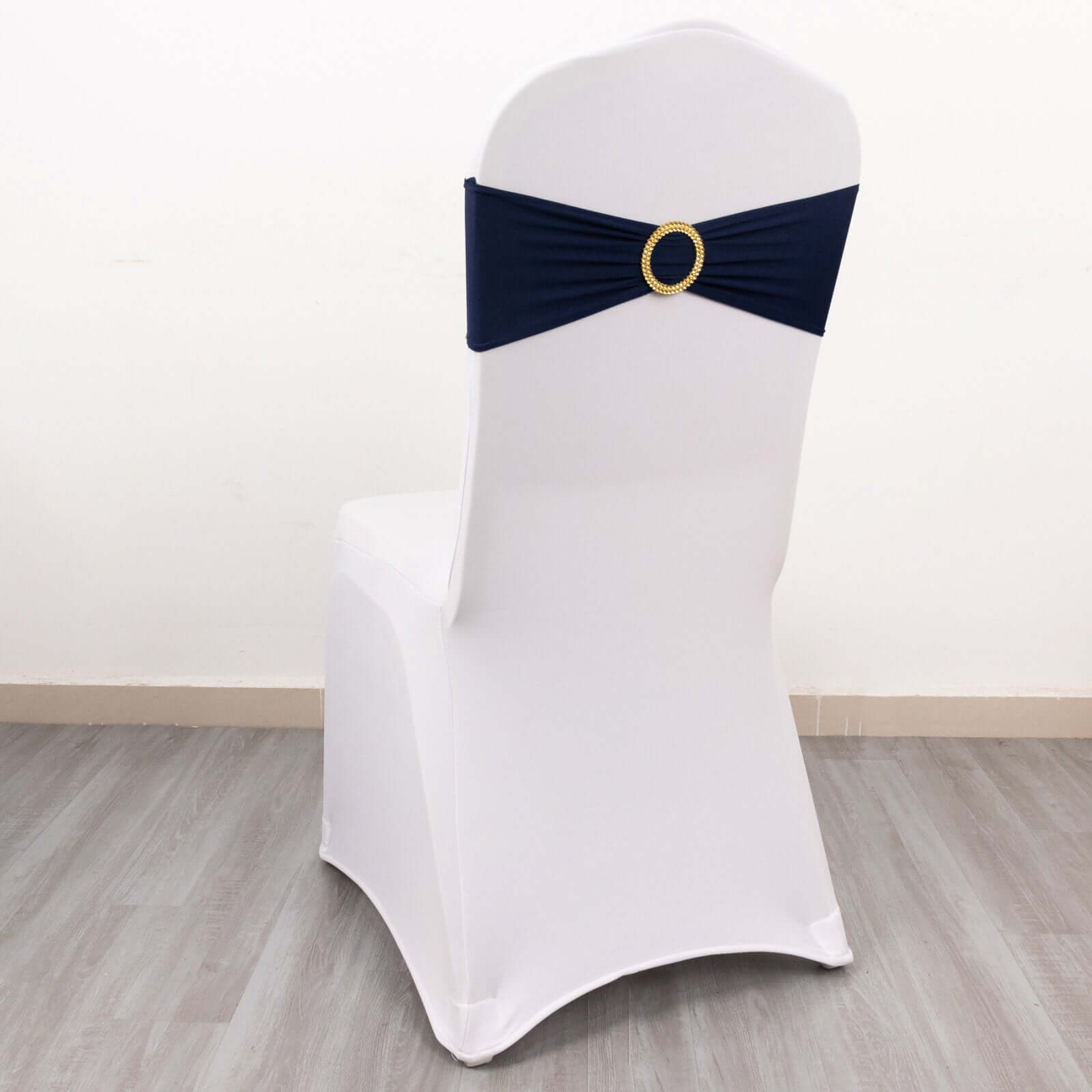 5 Pack Spandex Chair Sashes Navy Blue with Gold Rhinestone Buckles - Reusable Four-Way Stretch Sash Bands 5x14