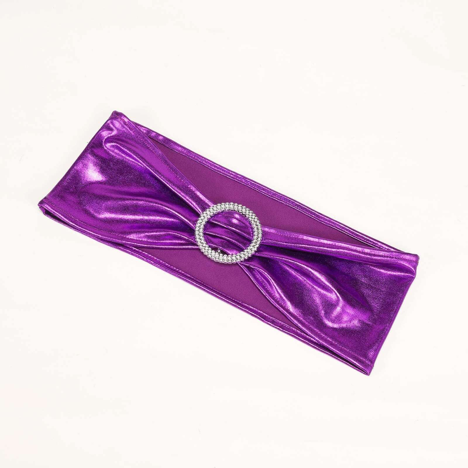 5 Pack Metallic Spandex Chair Sashes Purple - Stretch Fit Chair Bands With Round Diamond Buckles