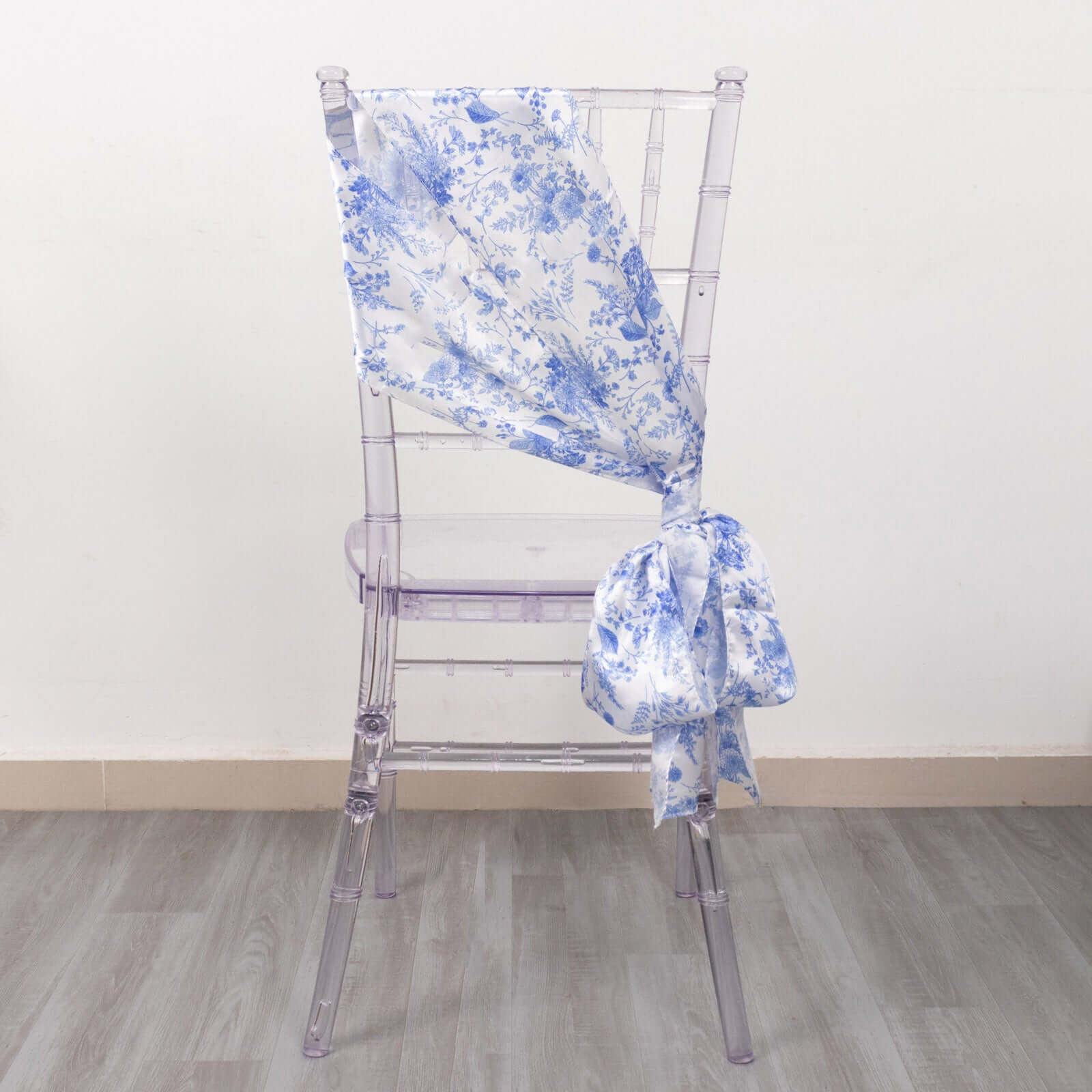 5 Pack Satin Chair Sashes White/Blue French Toile Floral Pattern - Wrinkle-Resistant & Reusable Chair Bows for Effortless Event Setup 6x108