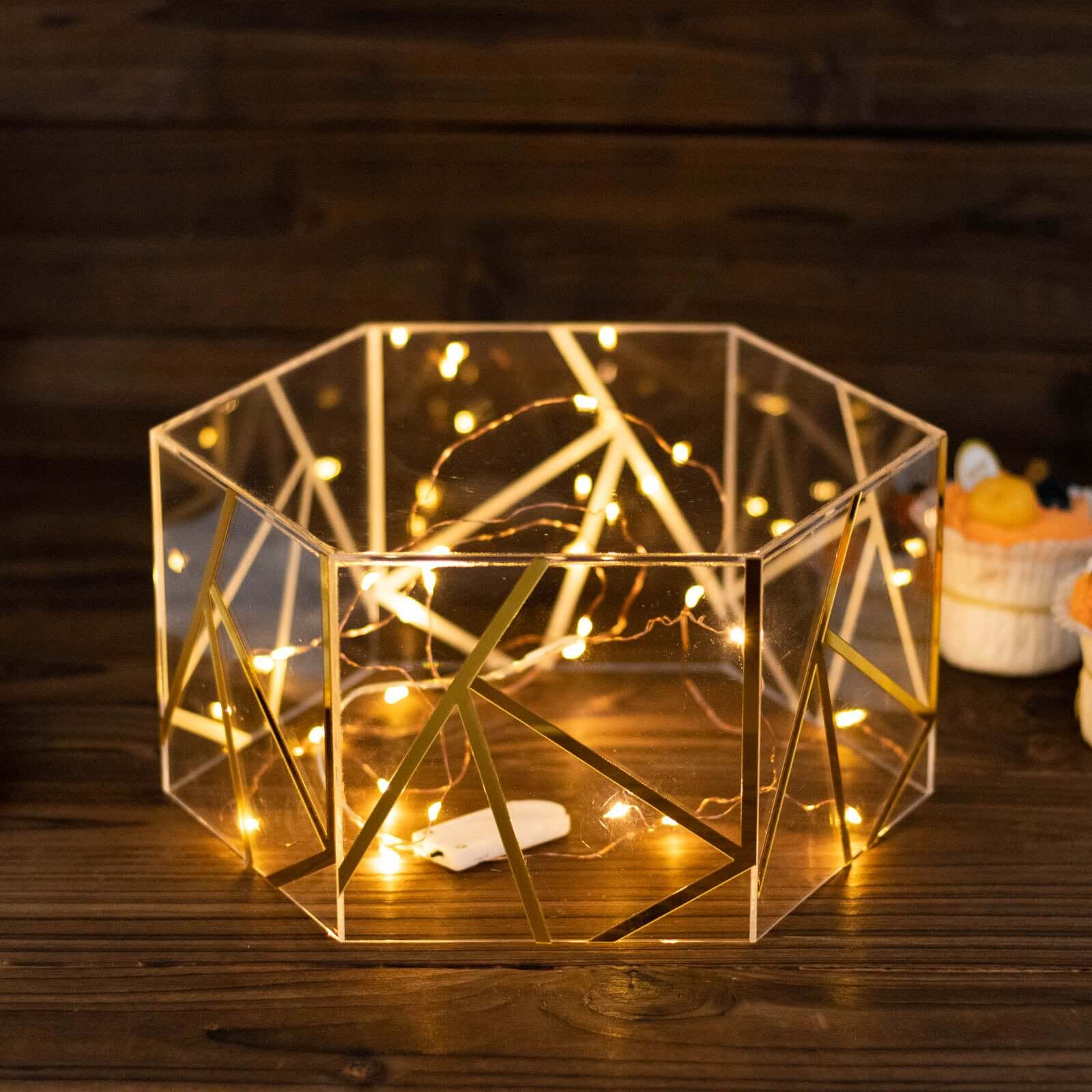 Acrylic Cake Stand Pedestal Riser Box Hexagonal Design Clear and Gold 10x5 - Decorative Event Display